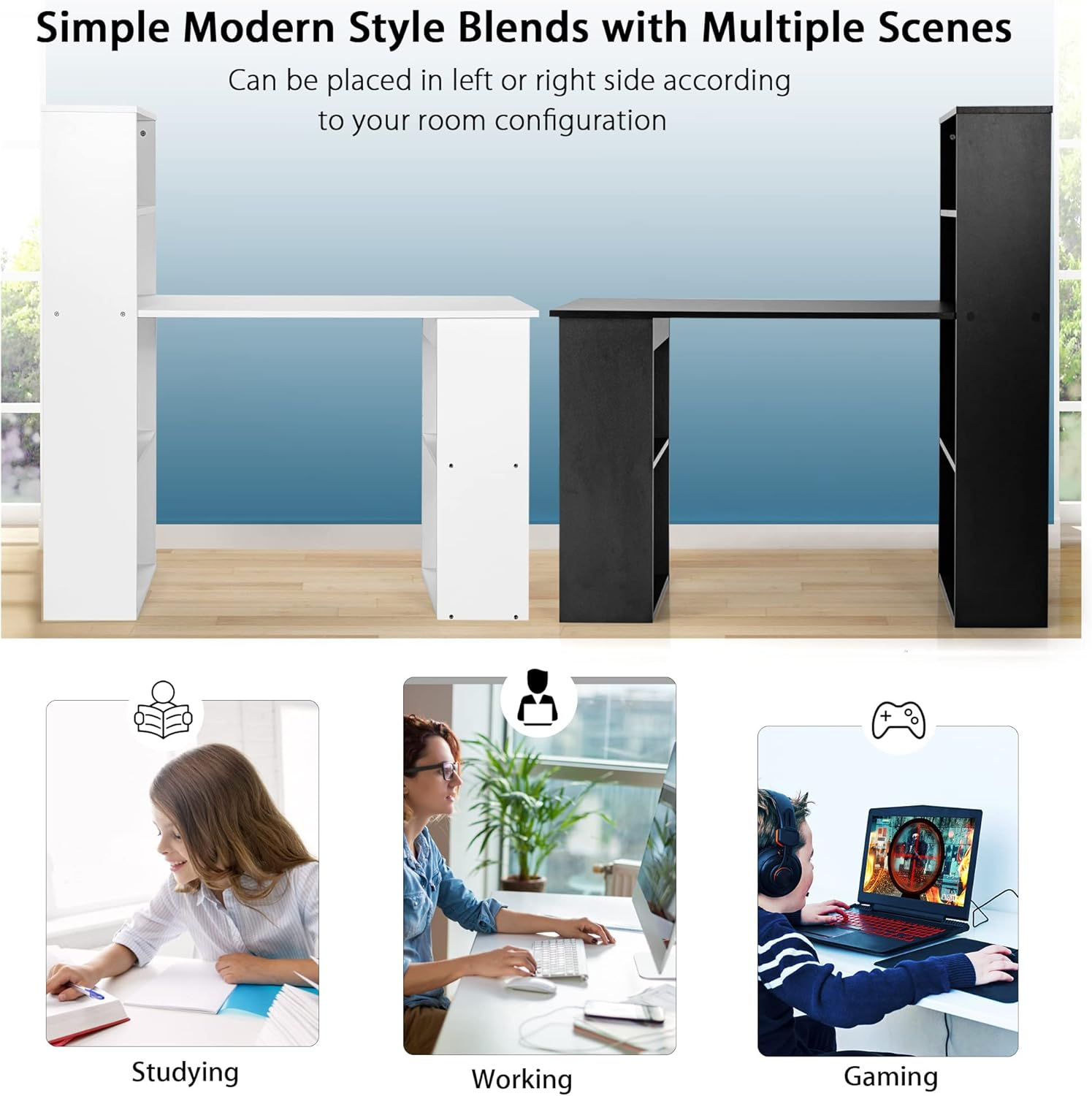 Giantex Reversible Computer Desk with Bookshelf, Writing Study Workstation W/Storage Shelves & CPU Stand, Modern Computer Table W/Large Desktop for Home & Office, Space-Saving Design (White)