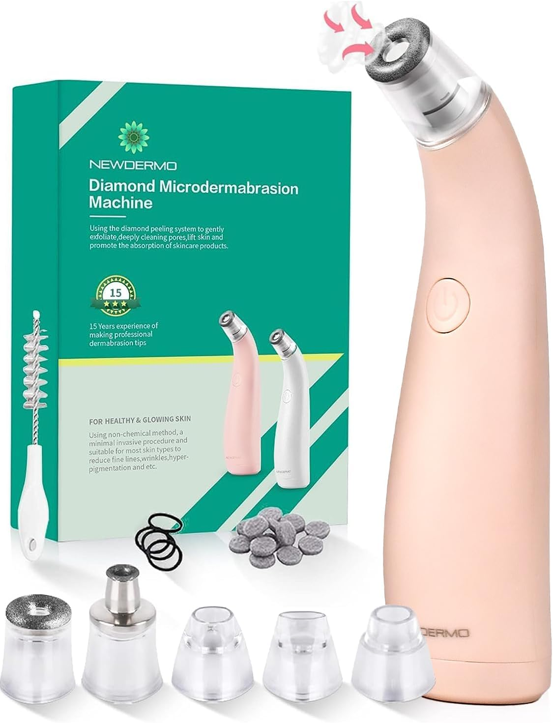 NEWDERMO 2-IN-1 Microdermabrasion Machine & Pore Vacuum Cleaner, 5 Tips & 5 Suction Diamond Microdermabrasion Device USB Rechargeable - Advanced Home Facial Skin Care Treatment Machine(Pure White)