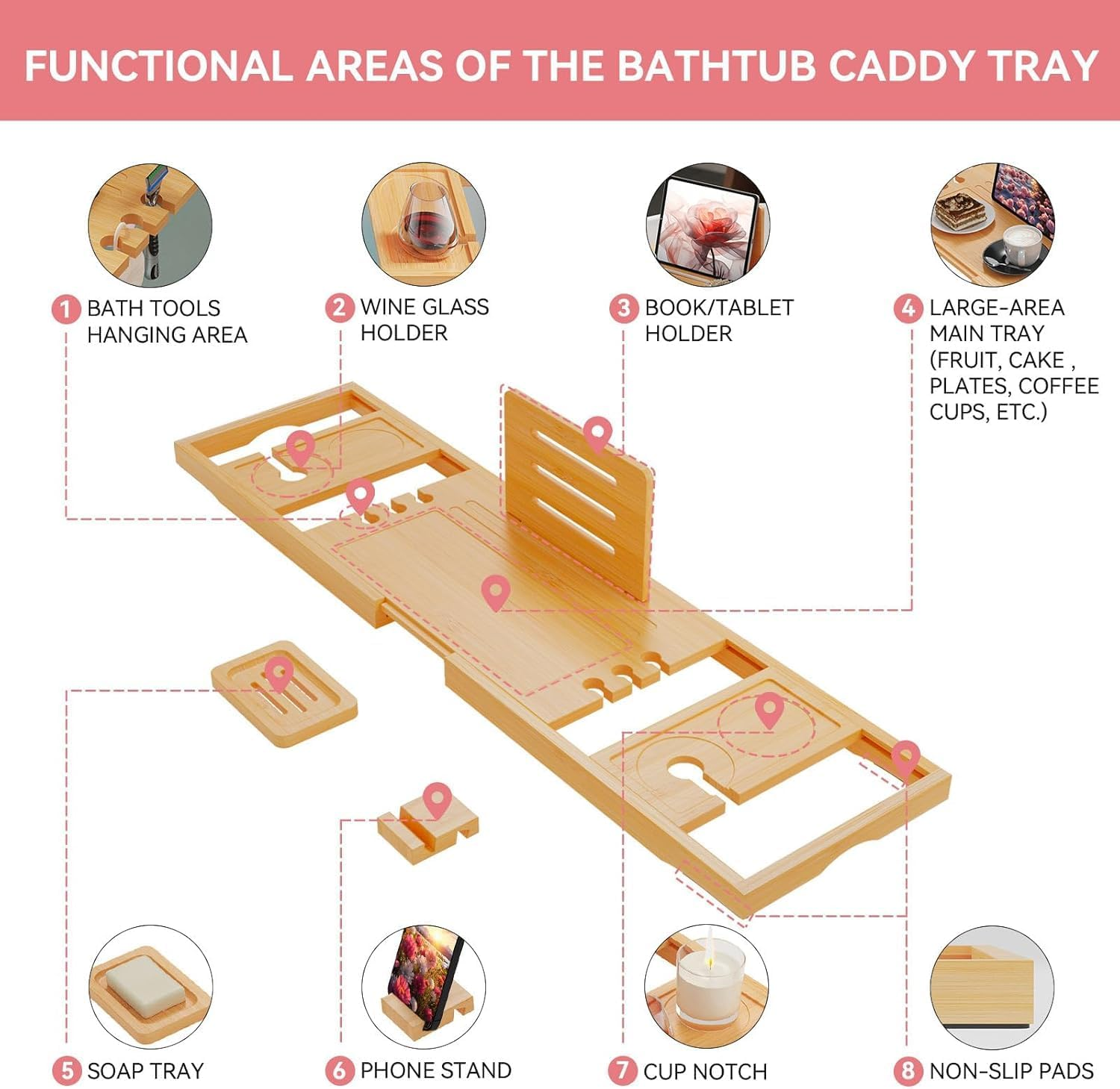 Bathtub Tray, Premium Expandable Bath Tray Caddy with Soap Box and Phone Holder, Bathroom Accessories, House Warming Gifts, Anniversary and Wedding Gifts, for Mum Wife Women (Wood Color) image number 5