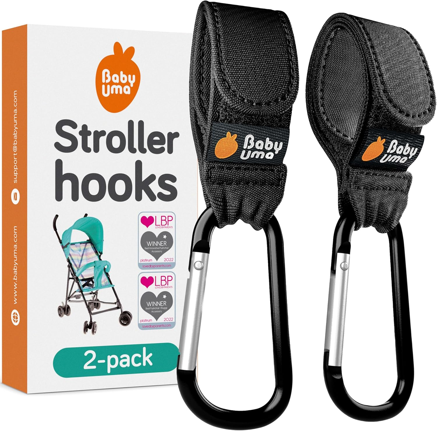 Baby Uma Stroller Hooks for Bags (2 Pack) - Universal Stroller Clips and Hooks, Non-Slip with One-Hand Opening, 11 Lb Weight Capacity, Baby Travel Essential