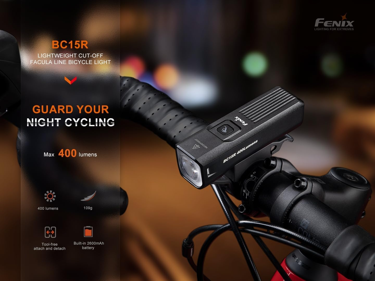 Fenix BC15R Rechargeable Bike Light - 400 Lumens & USB-C Charging - Safety Headlight for Urban Cyclists - Quick-Release Mount - Bicycle Light for Road, Coastal Highways, Park Paths & Wiled Jungle image number 3