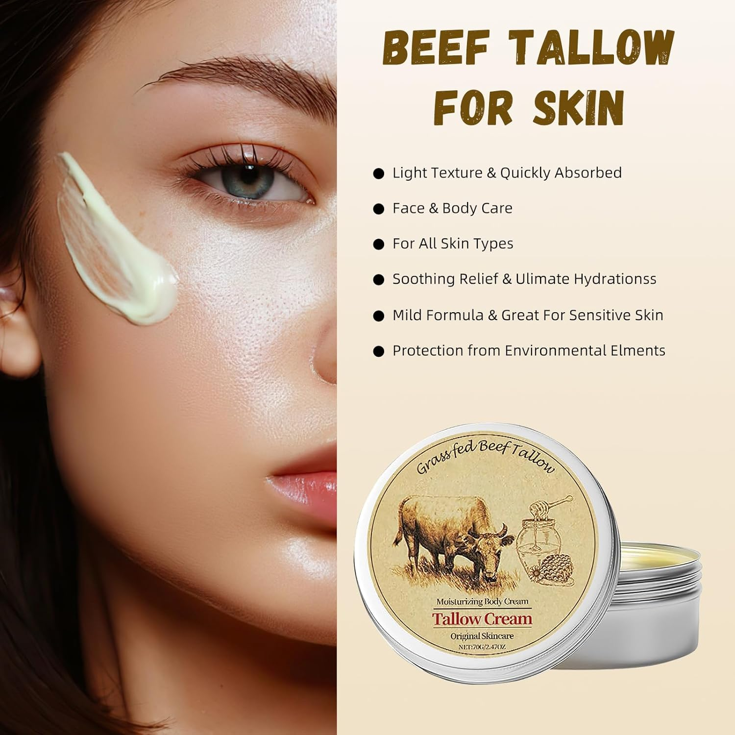 Beef Tallow for Skin, Beef Tallow and Honey Balm, Beef Tallow Face Moisturizer Hydrates and Nourishes the Skin, Whipped Tallow Honey Balm Natural Beef Tallow Lotion for Body Skin Care(2.470Z) image number 2