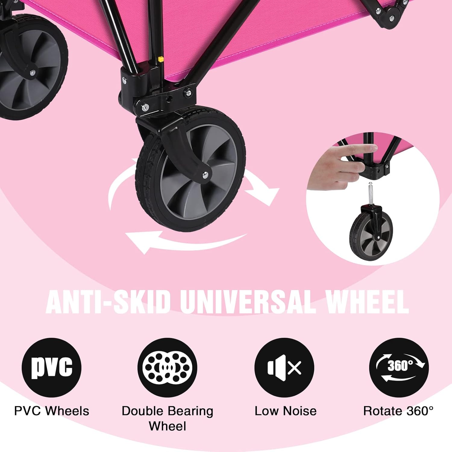 HAUSHOF Heavy Duty Collapsible Wagon, Folding Outdoor Utility Wagon, Camping Garden Beach Cart with Universal Quick Release Wheels, Adjustable Handle, 176 Lbs Load Capacity, Pink image number 5