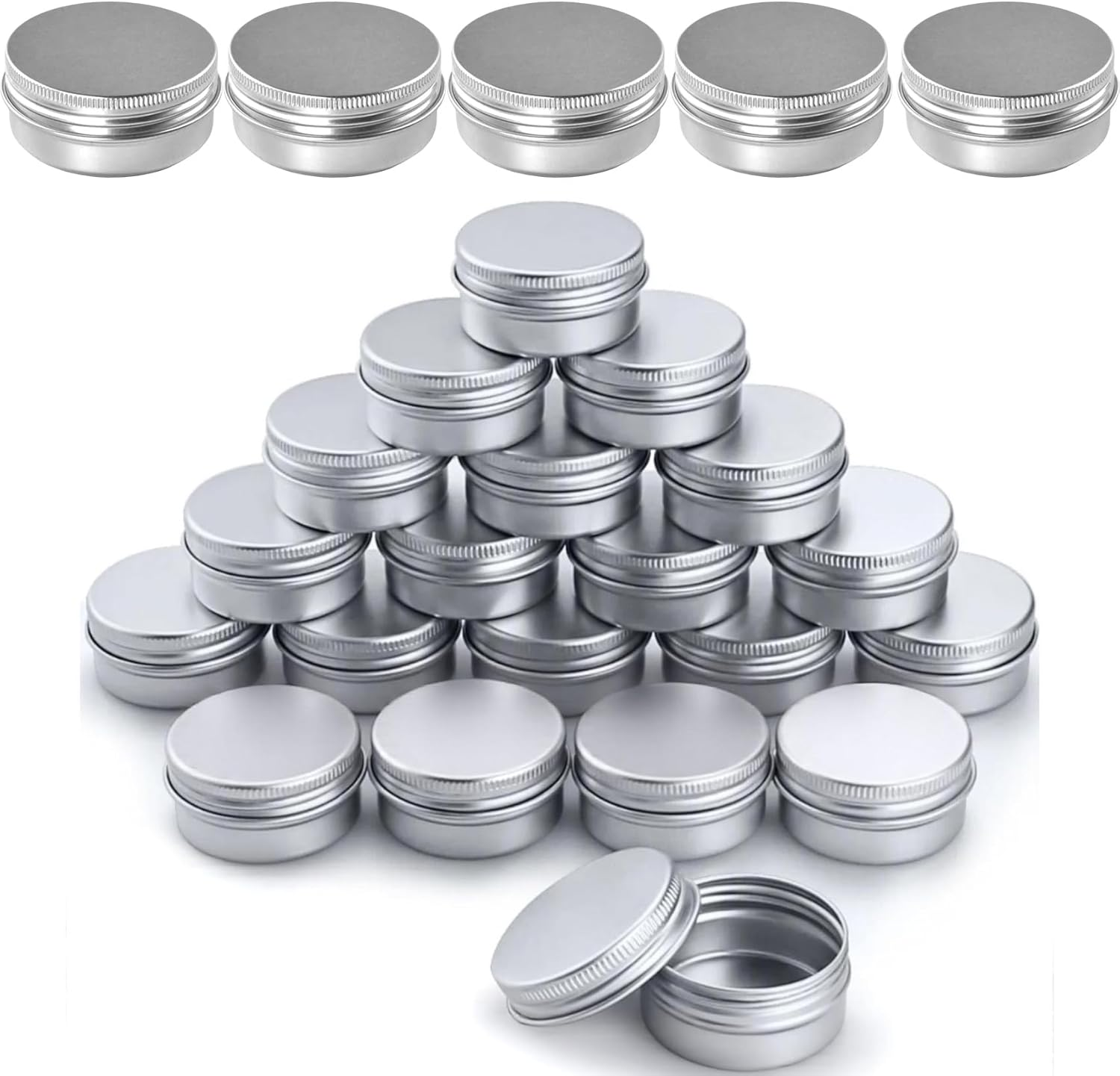 25 Pack (2 Oz/60Ml) 、（2 Oz/100Ml）Screw Top round Aluminum Tin Cans, Metal Tin Storage Jar Containers with Screw Cap for Lip Balm, Cosmetic, Candles, Salve, Make Up, Eye Shadow, Powder, Tea (Silver)