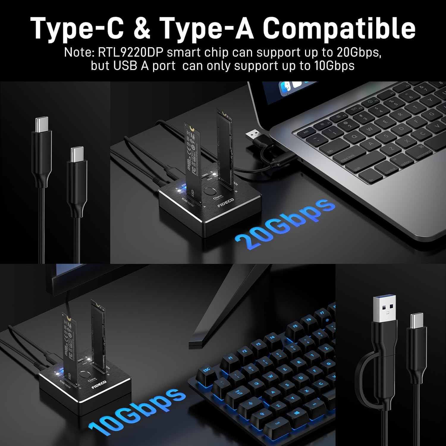 FIDECO M.2 Nvme SATA SSD Cloner Dock, USB 3.2 Gen 2 X 2, 20Gbps Dual Nvme SATA SSD Enclosure, M.2 Duplicator Cloner, Support Offline Clone, UASP and Trim, Aluminum Design image number 4