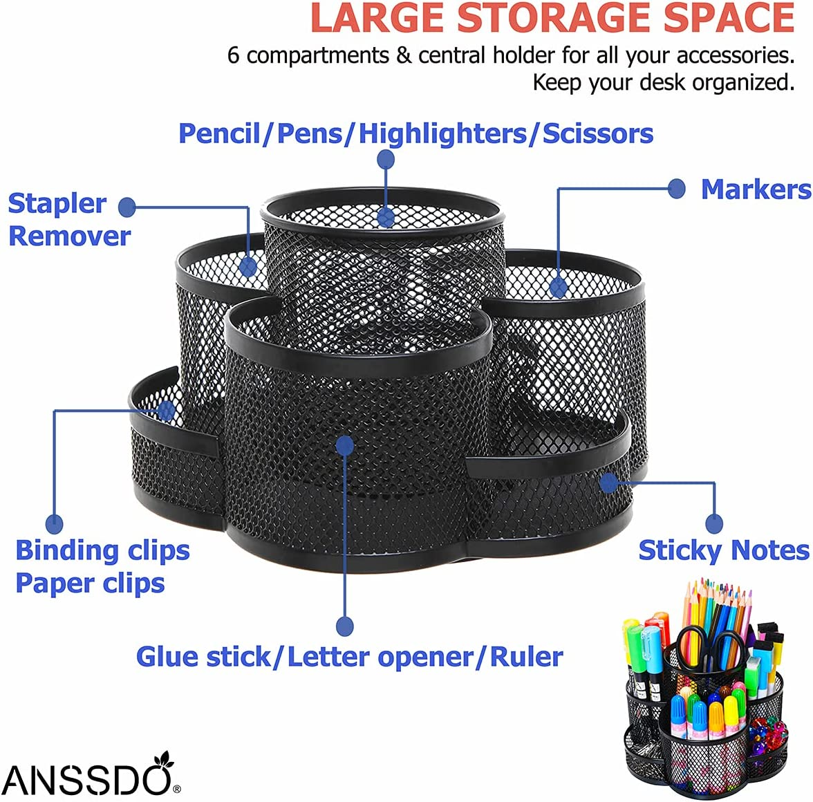 Pen Holder for Desk, 360-Degree Rotating Desk Organizers with 7 Compartments &ndash;Storage 400+ Pencils, Black Desk Accessories & Workspace Organizer Mesh Desktop Caddy for Office School & Art Supplies