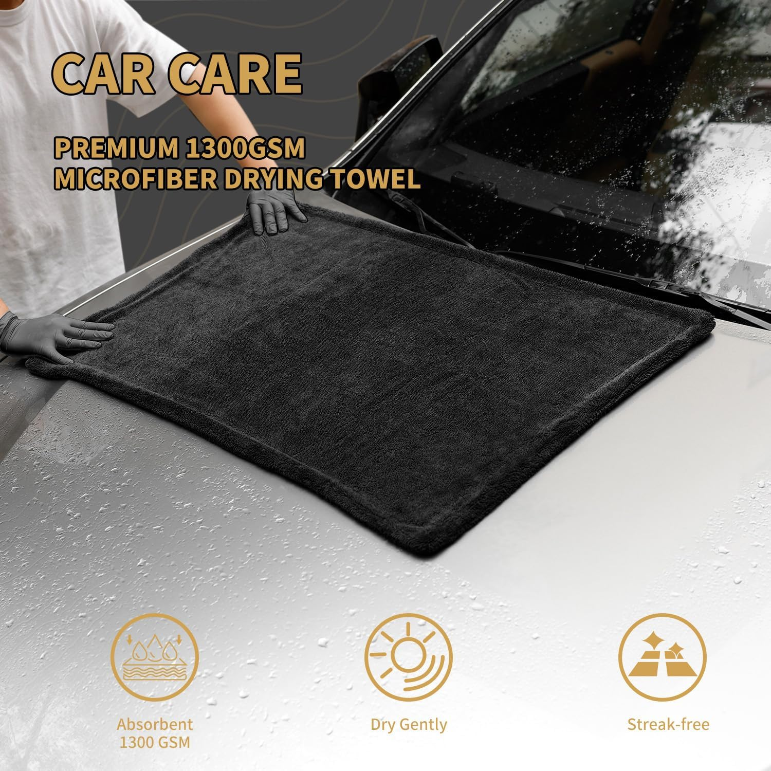 Car Drying Towel Set of 4,1300 GSM Microfiber Towels for Cars, 36" X 24" & 16" X 16", Ultra-Absorbent, Streak Free, Premium Microfiber Cleaning Cloth with Car Wash Mitt and Brush (4, Black) image number 5