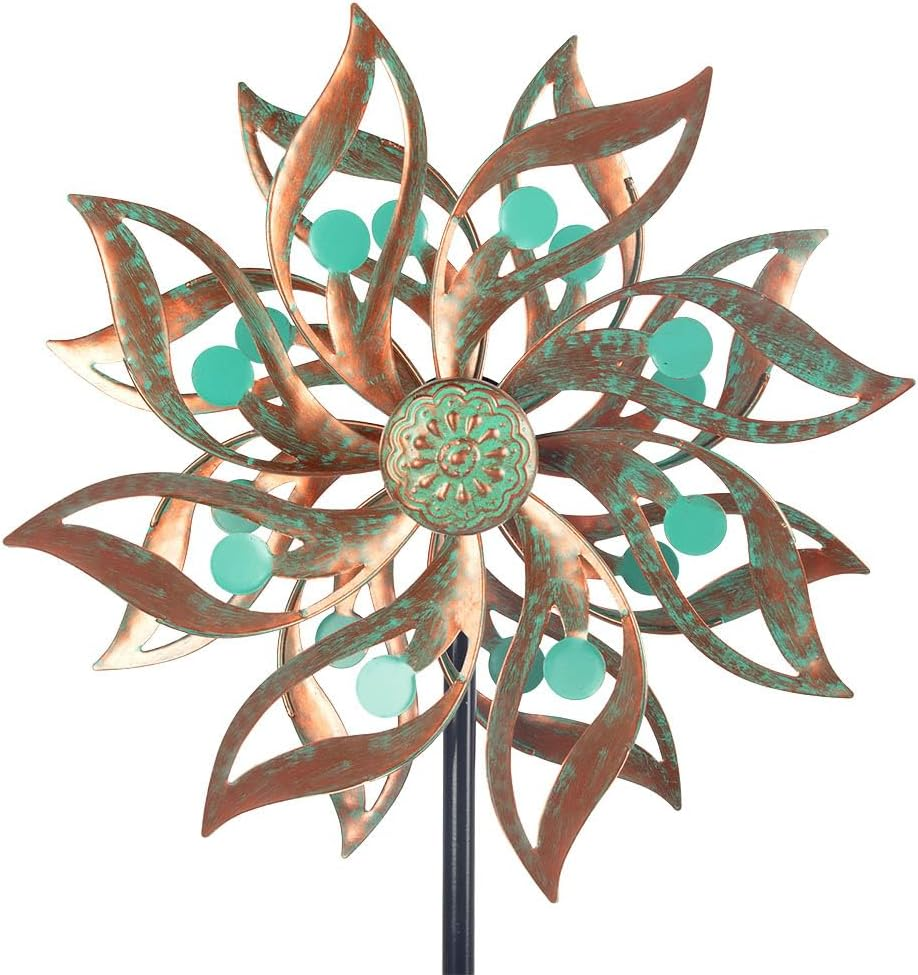 Viveta Metal Wind Spinners Outdoor,Vintage Kinetic Wind Spinner Garden Pinwheels with Metal Stake for Patio,Lawn,Garden,Creative Gifts for Women, 59 * 13.4 Inch, Rusty Red-Green image number 3