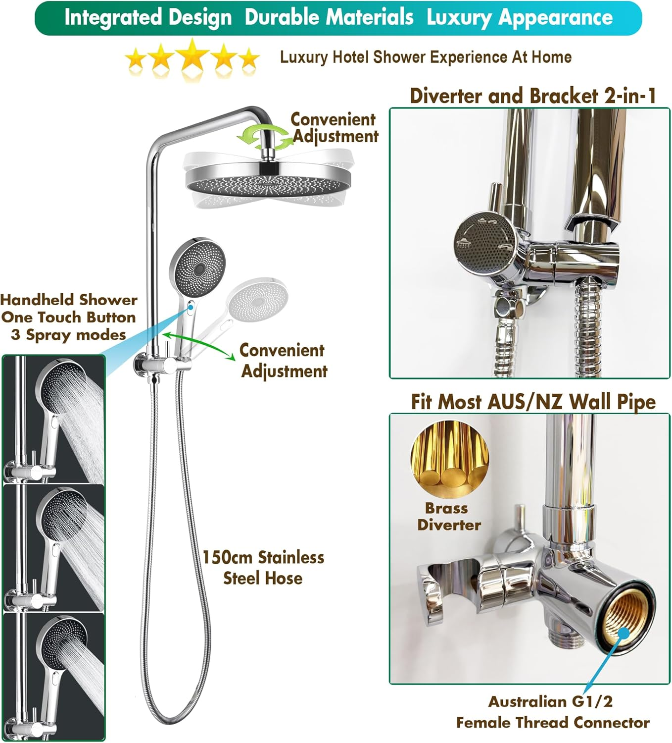 Upgraded 10'' Rain Shower Head Set 2-In-1 Shower Rail Wall Mounted with 5" Handheld Shower Head, Brass Construction Luxury Hotel Bathroom Shower Set image number 6