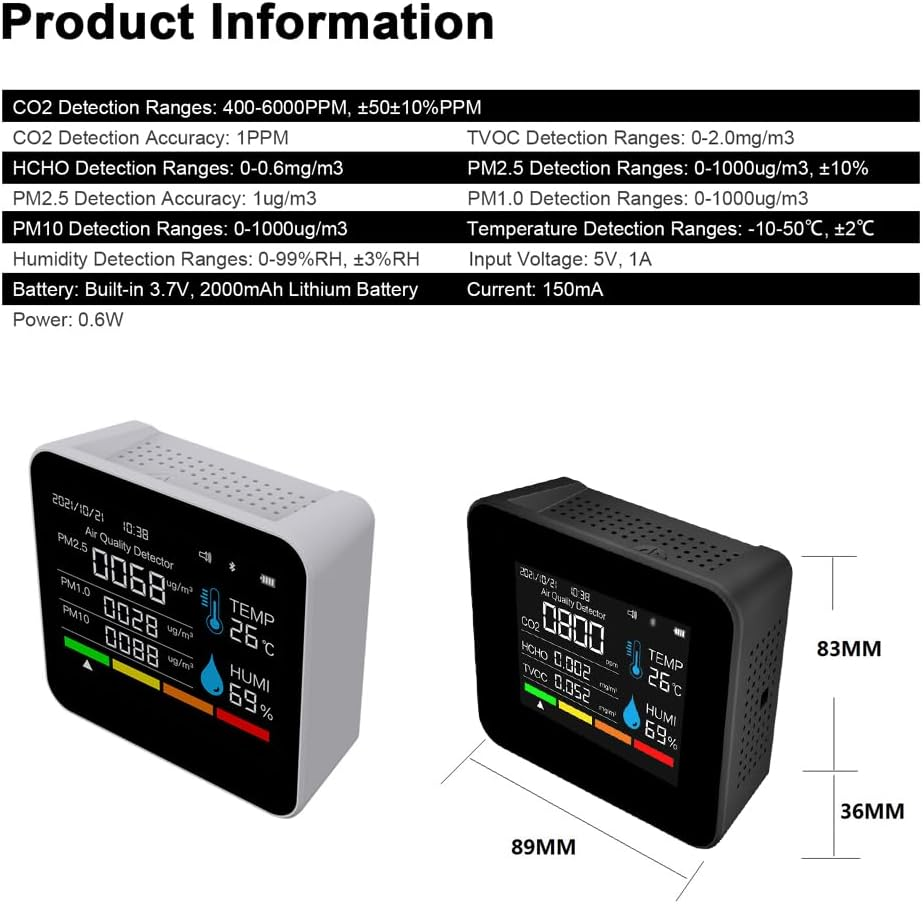 9 in 1 BT Air Quality Monitor CO2 Meter Carbon Dioxide Detector Time/Date CO2 TVOC HCHO PM2.5 PM1.0 PM10 Temperature Humidity Detection Support APP Control with Alarm Function for Home Offic-Gtrh image number 3