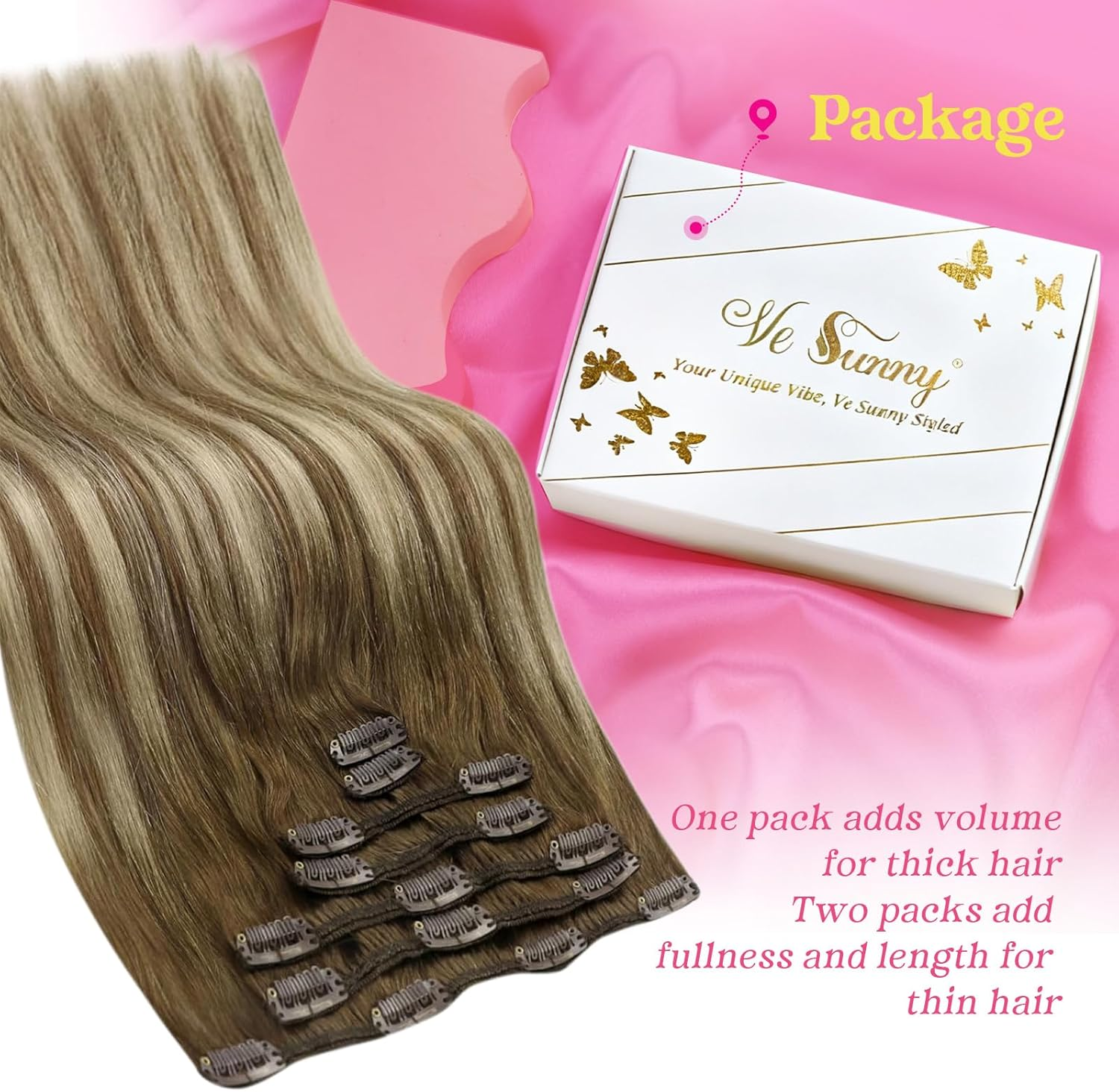 Vesunny 16Inch Clip in Ombre Blonde Hair Extensions Balayage Color #8 Light Brown Fading to #22 Blonde Mix Brown Full Head Clip in Hair Extensions Thick Human Hair 7Pcs/120G