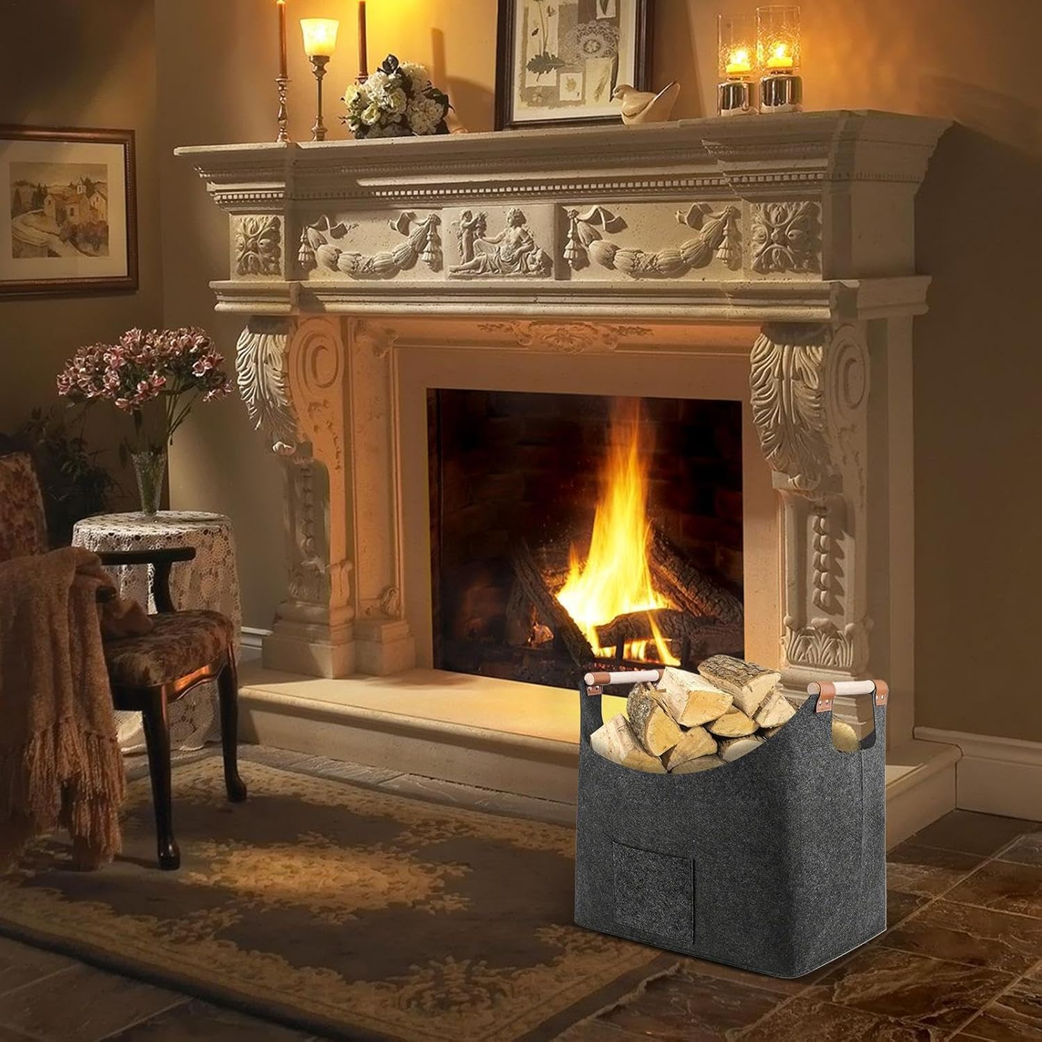 Firewood Carry Bag - Fireplace Log Carrier Holders | Reusable Fireplace Carrier Tote Bag, Portable Multifunctional Log Bag for Indoor, Winter image number 1