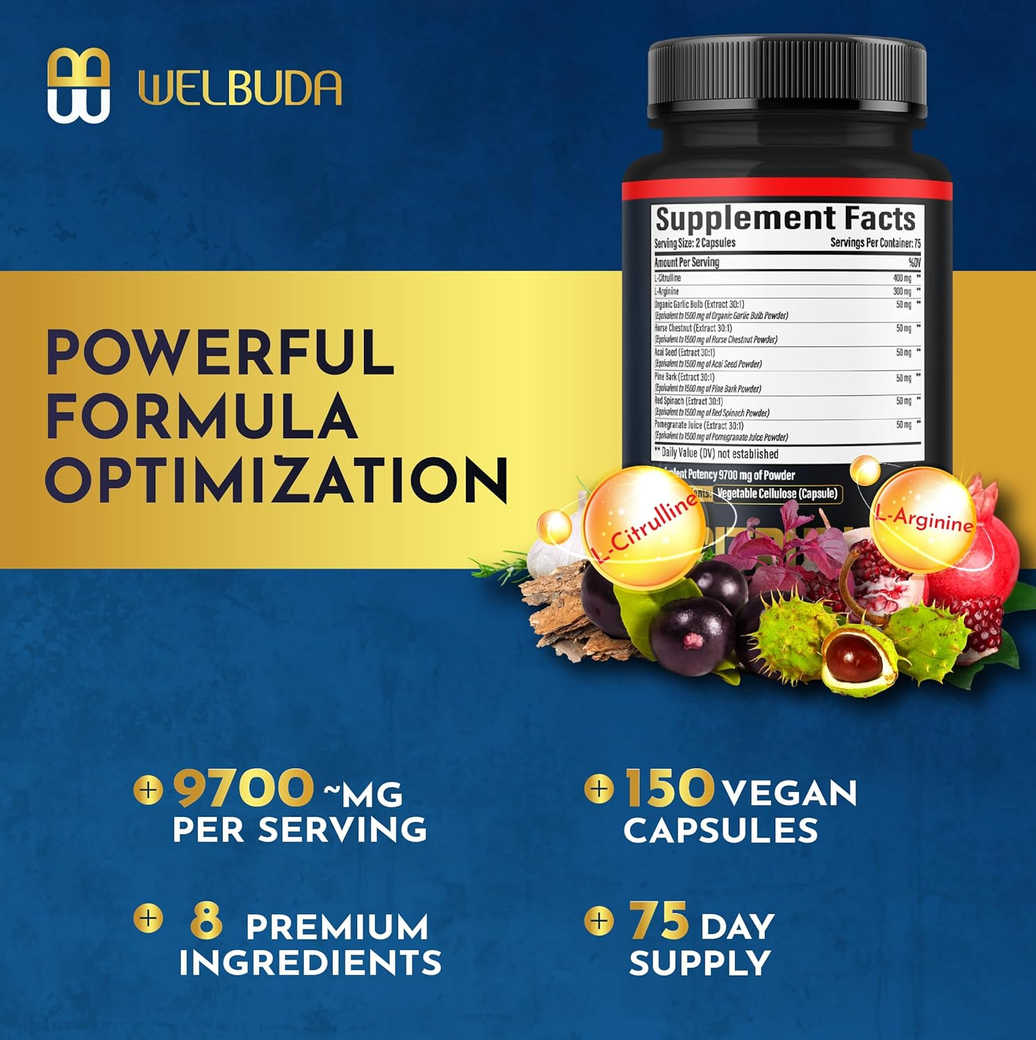 L-Citrulline Capsules 9700Mg - 8 Premium Ingredients with L-Arginine, Garlic, Horse Chestnut, Acai Seed, Pine Bark & More - Support for Muscle, Strength, Heart & Immune - 150 Pills for 75 Servings image number 2