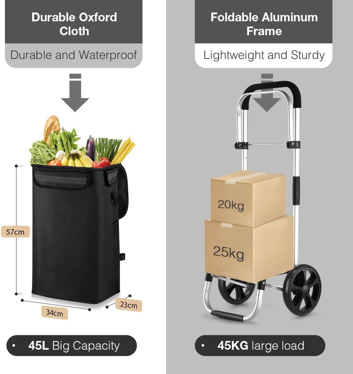 Waterproof Shopping Cart Foldable Trolley Aluminium Grocery Bag with Wheels Black 45L image number 6