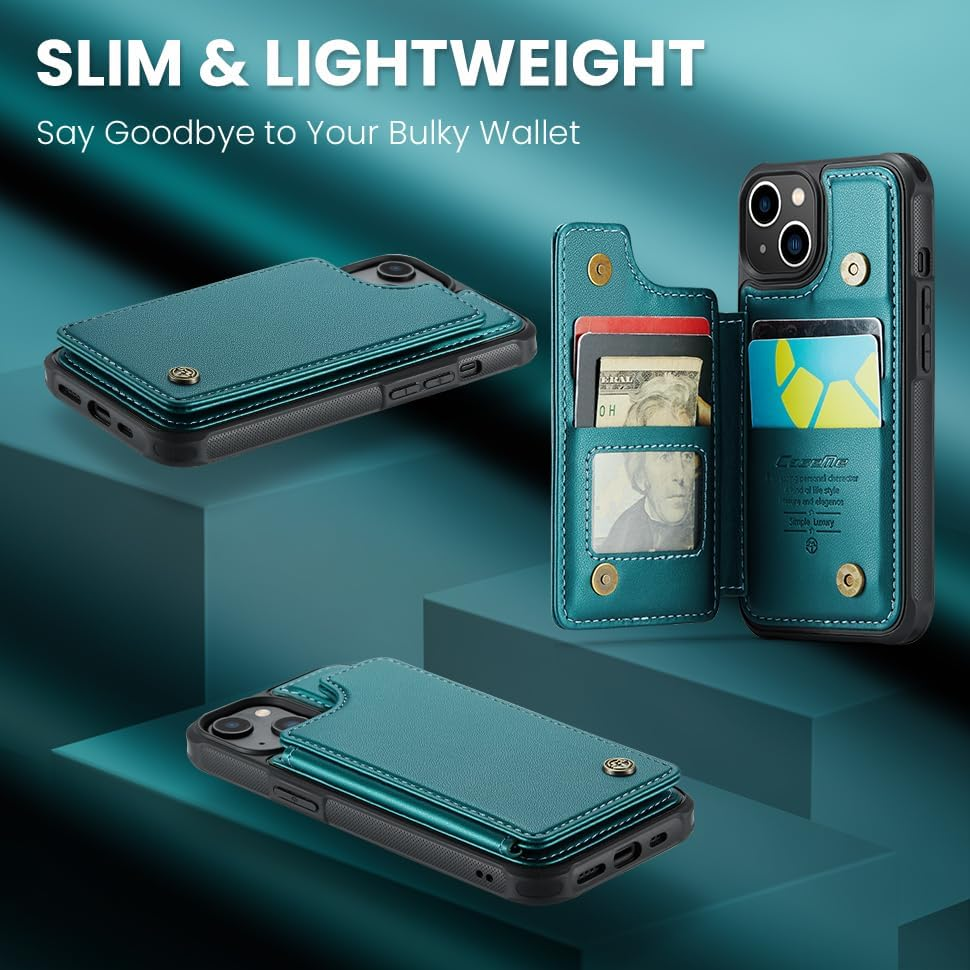 UEEBAI Wallet Case with Card Holder for Iphone 13 6.1 Inch, RFID Blocking Flip Case PU Leather Folio Case Kickstand Card Slots Case Magnetic Clasp Cover Shockproof Case for Women and Men - Green - Brown image number 7