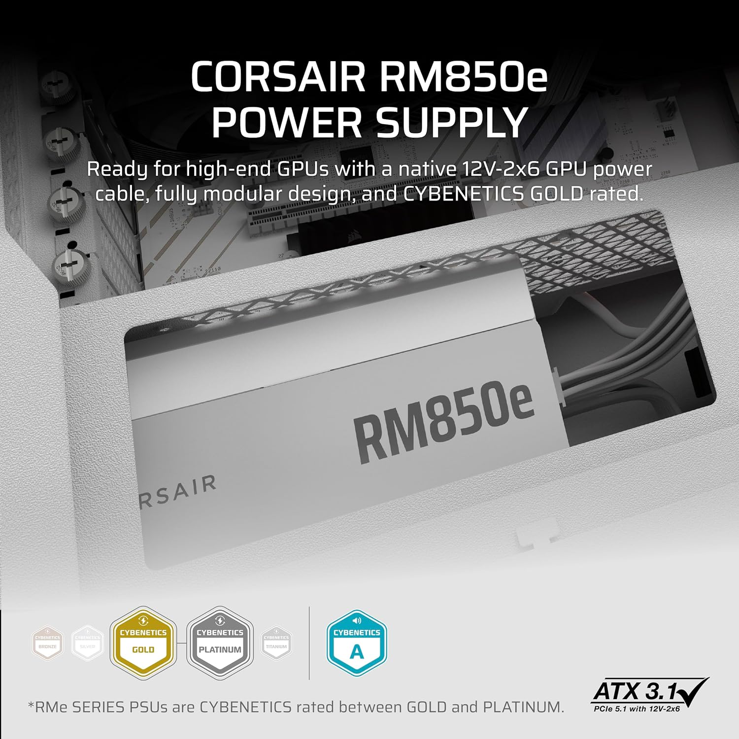 CORSAIR Rm850E (2025) Fully Modular Low-Noise ATX Power Supply with 12V-2X6 Cable &ndash; ATX 3.1 & Pcie 5.1 Compliant, Cybenetics Gold Efficiency, 105&deg;C-Rated Capacitors, Modern Standby Mode &ndash; White image number 1
