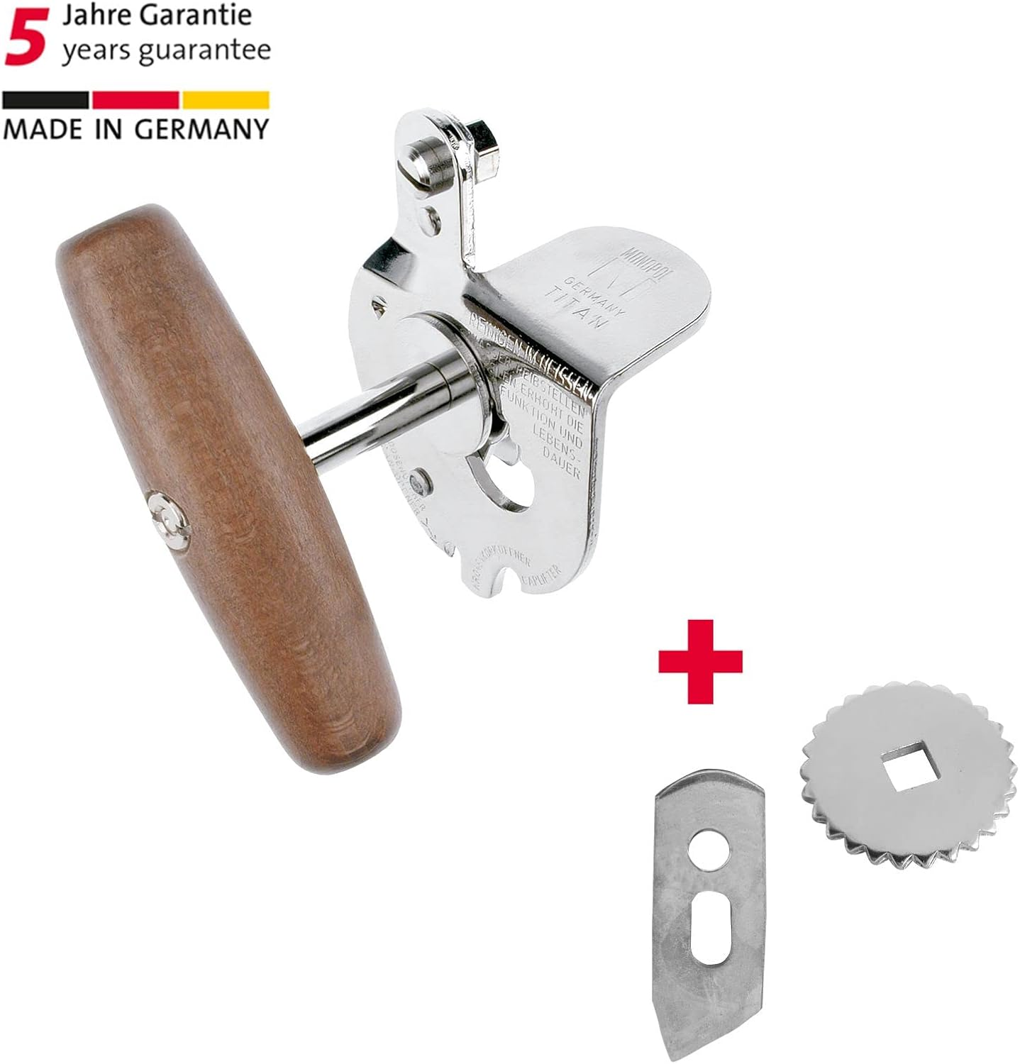 Westmark Set of 3: 1 Professional Can Opener Titanium + 1 Spare Blade + 1 Spare Drive Wheel, Steel/Wood/Steel Lacquered, Silver/Brown/Black, 122422E6 image number 5