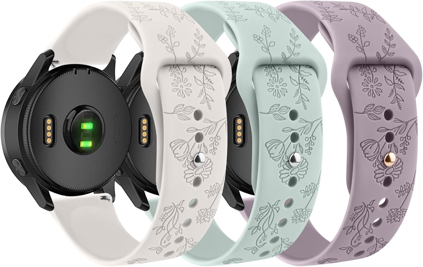 Floral Engraved Bands Compatible with Garmin Vivoactive 6/Vivoactive 5/3/3 Music,20Mm Soft Silicone Flower Pattern Sport Replacement Bands for Garmin Venu Sq/Venu Sq 2/Venu/Forerunner 165/55/245/245 - Black/Blue Gray/Olive Green image number 3