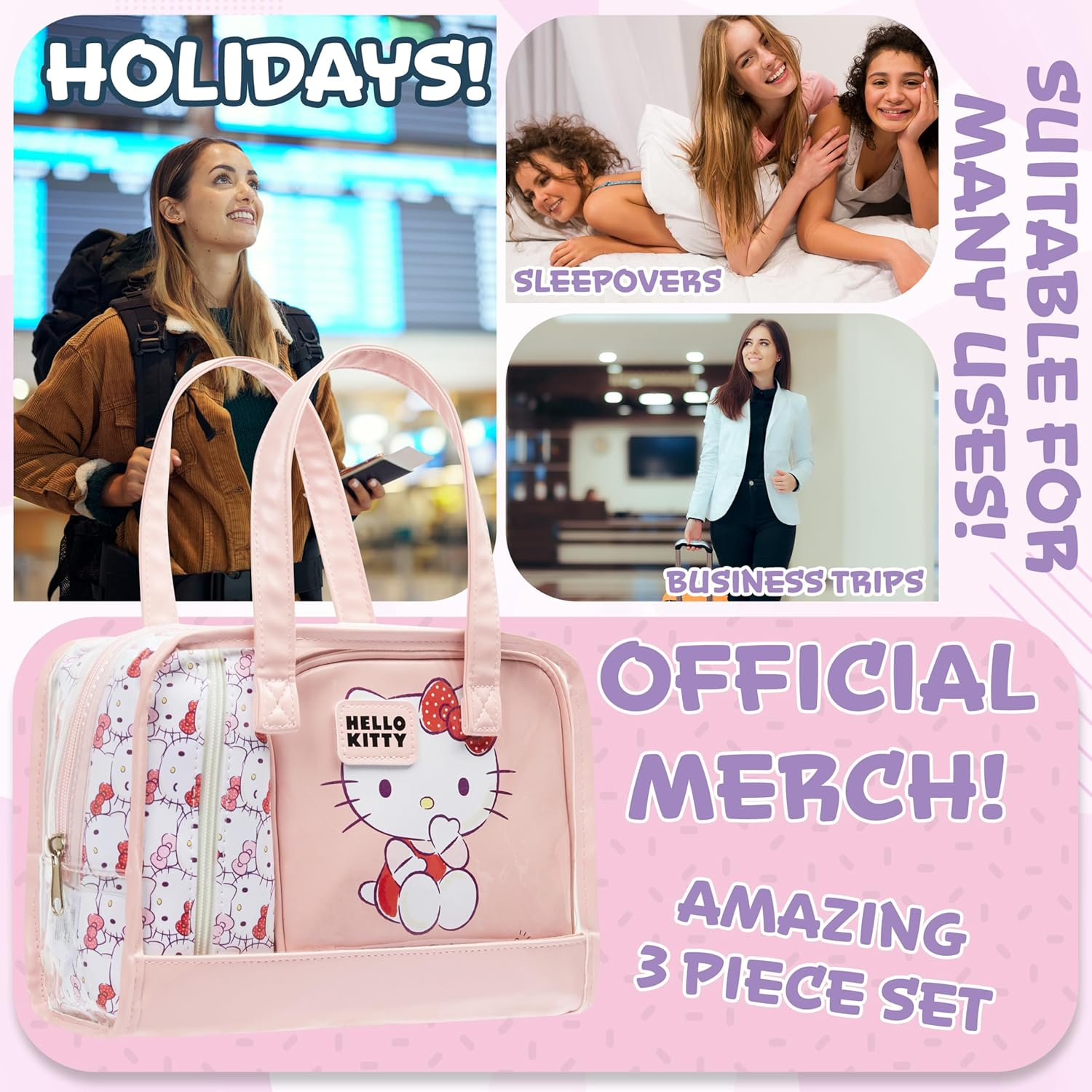 Hello Kitty Women'S Cosmetic Bag Set of 3 &ndash; Travel Toiletry Bag, Make up Bag, Pink, Einheitsgr&ouml;&szlig;e, Cosmetic Bags image number 2