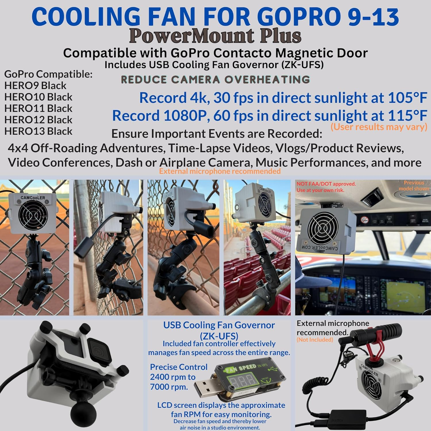 9Thirteen, Cooler Fan/Case. Works with Gopro HERO9, HERO10, HERO11, HERO12, HERO13, Reduce Overheating in Static Environments at Sporting Events,Vlogging (White, Powermount plus &ndash; Variable Speed Fan) image number 6