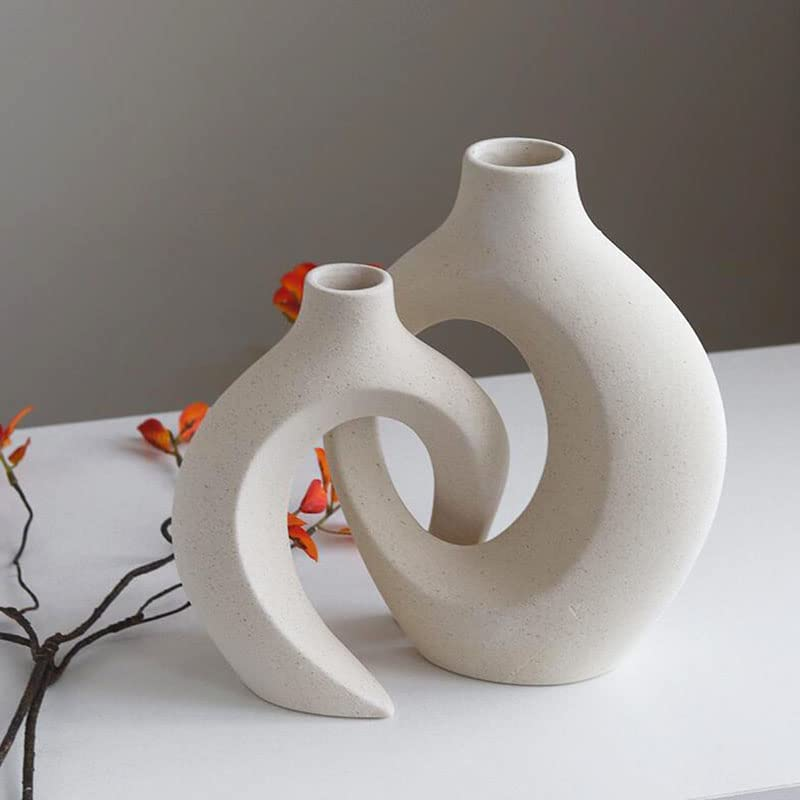 Ceramic Vase Set - 2 Flower Donut Modern Vases for Home D&eacute;cor, Creative White Vases Minimalism Style Decor Vase Table Vase for Living Room Entryway Bookshelf Mantel Centerpieces Shelf image number 1