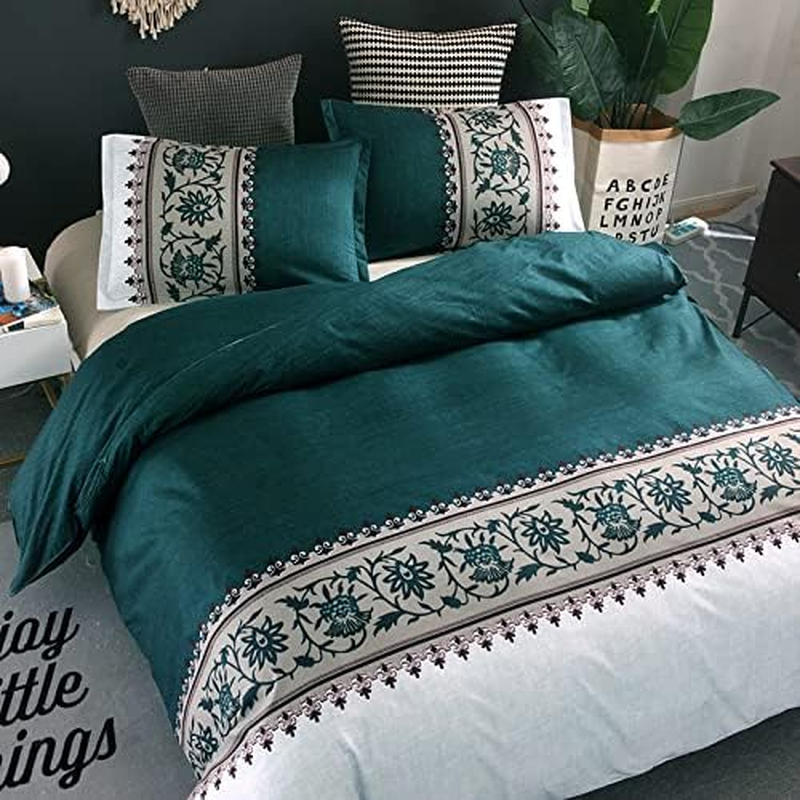 Green Duvet Cover Set King 3 Pieces Reversible Boho Printed Bedding Set Soft Microfiber Quilt Cover with 2 Pillowcases (Green/Beige, 230X220Cm) image number 4