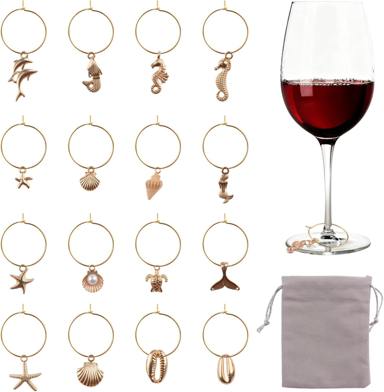 HICOHAND Wine Glass Charms, 32PCS Marine-Animal Wine Glass Identification Markers DIY Reusable Drink Identifier for Birthday Wedding Anniversary Thanksgiving Party image number 2