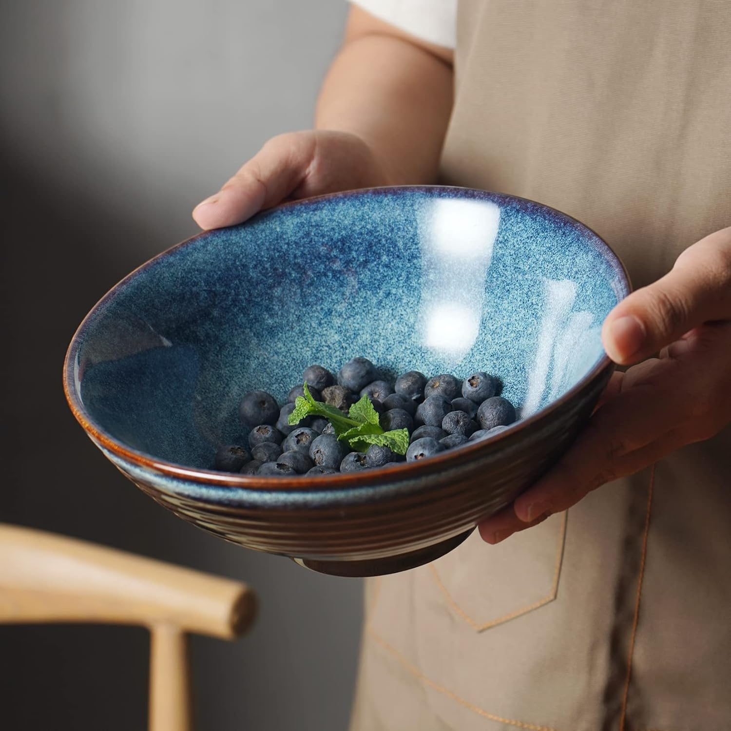 Ceramic Japanese Style Ramen Bowl Set with Chopsticks,8 Inch 40 Oz Pho Bowls & Asian Soup Bowl and Spoons Set for Udon Noodle,Soba,Miso Soup,Set of 2 (Blue) image number 2