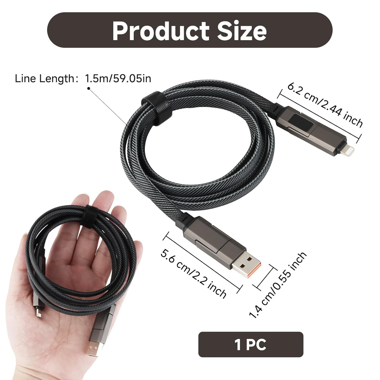 Havenease- 65W 4-In-1 Fast Charging Cable with LED Display USB C to Lightning and USB a Cable Compatible with Iphone 16 15 Pro Max Galaxy S23 Ipad Macbook Air 1.5M image number 4