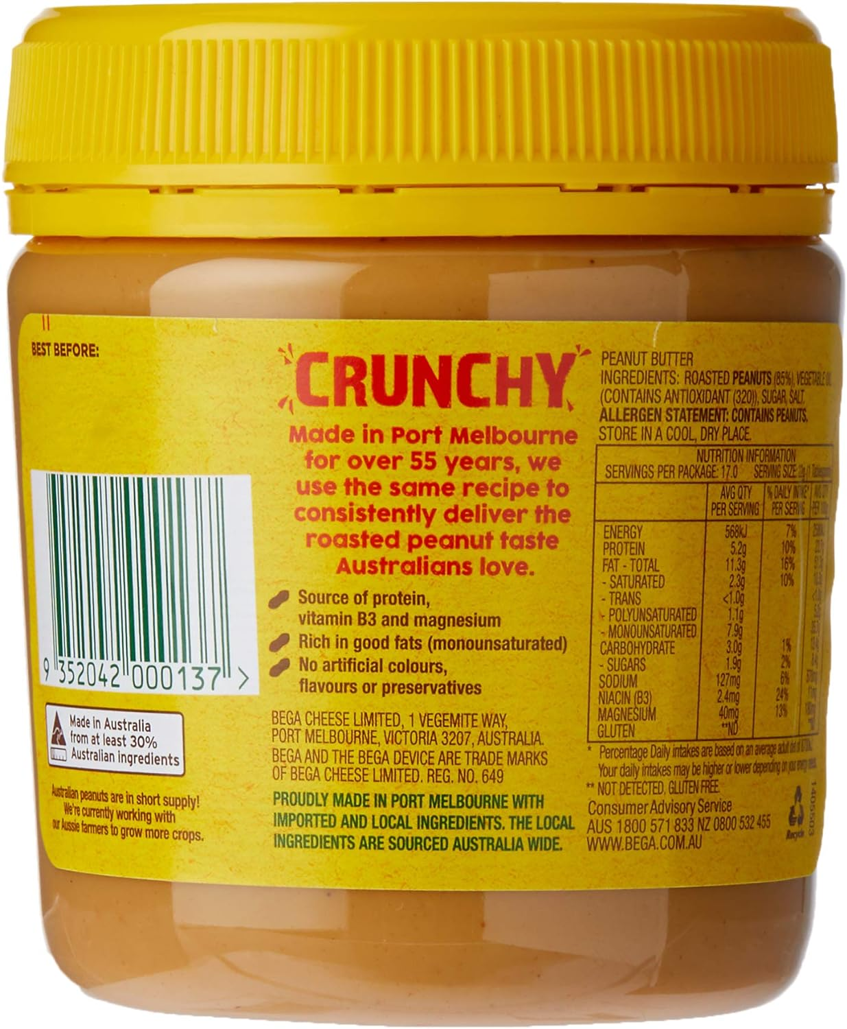 Bega, Bega Crunchy Peanut Butter, 375 Grams image number 1