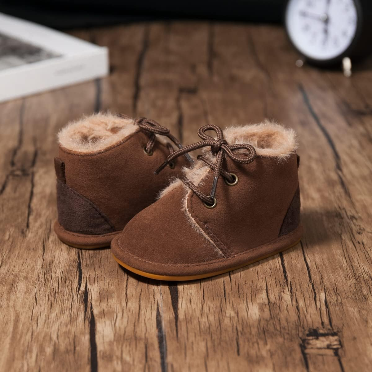 CENCIRILY Baby Boys Girls Warm Boots Infant Anti-Slip Rubber Sole Lace-Up Fleece Ankle Booties Newborn First Walking Shoes image number 3