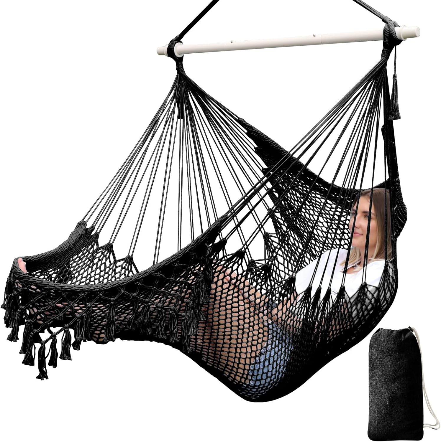 Chihee Hanging Chair Large Hammock Chair Soft Spun Cotton Rope Weave Chair Strong Metal Spreader Bar Wide Seat Lace Swing Chair Indoor Outdoor Garden Yard Theme Decoration