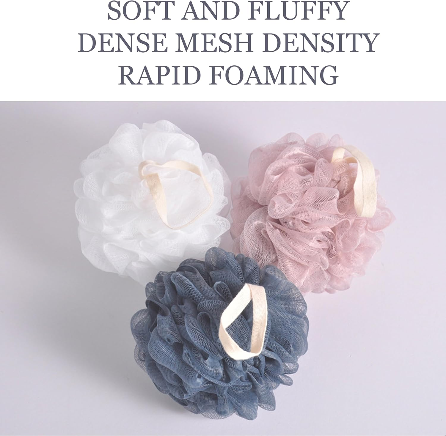 ADSEXY Bath Loofah Sponges, Mesh Shower Puffs, 50G Each, Pack of 3, White Pink Blue image number 1