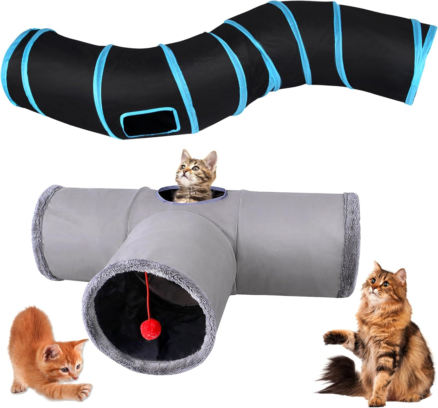 Cat Tunnel, 2 Pieces Cat Toy Tunnel, 3-Way, S-Shape, Cat Tunnel Labyrinth, Cat Play Tunnel Toys for Cats, Rabbits and Small Animals (Blue, Grey) image number 1