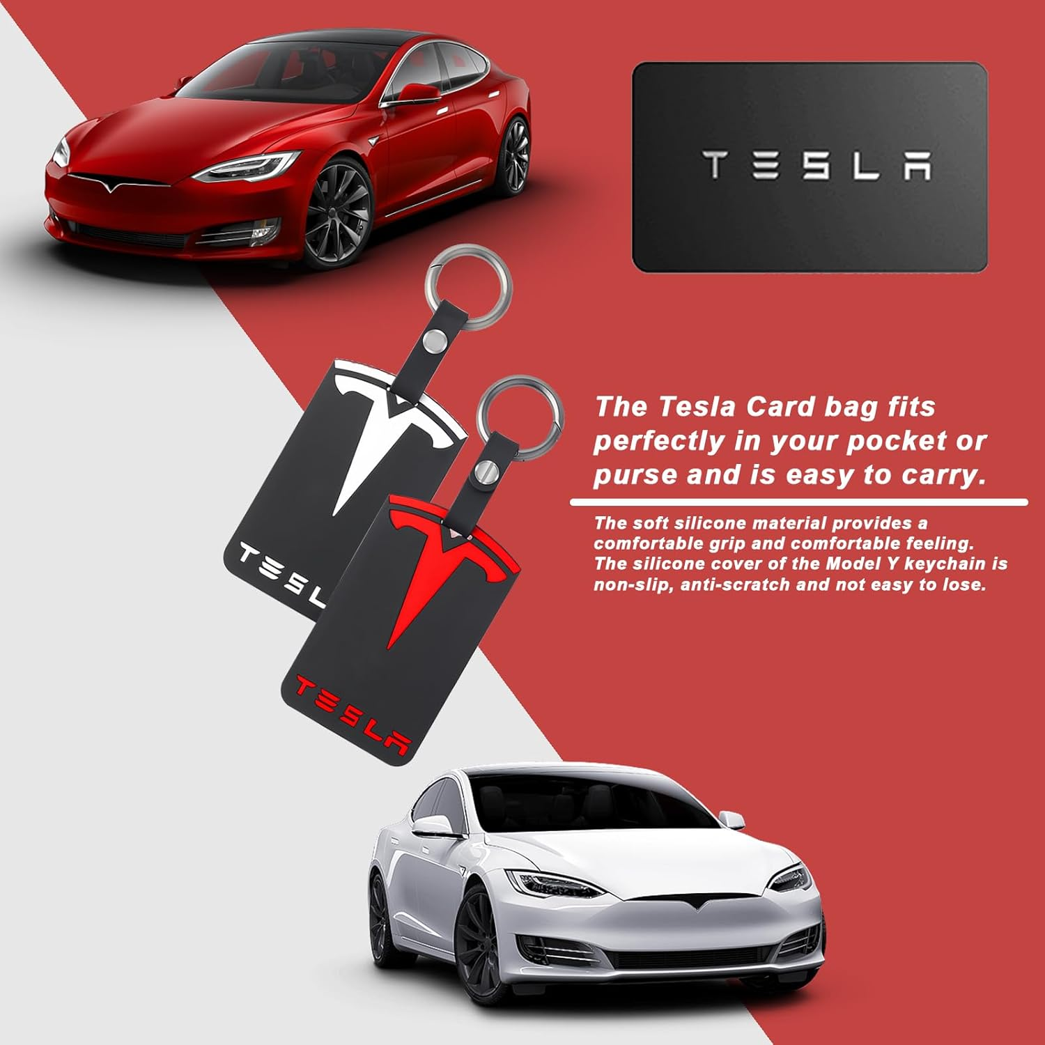 SPORWAY Key Chain for Tesla: Card Case for Tesla Model 3 Model Y, Anti-Fall Wear-Resistant Silicone Key Fob Protector, Black Tesla Card Case for Model 3 Model Y Button Accessories, Black, One Size image number 4