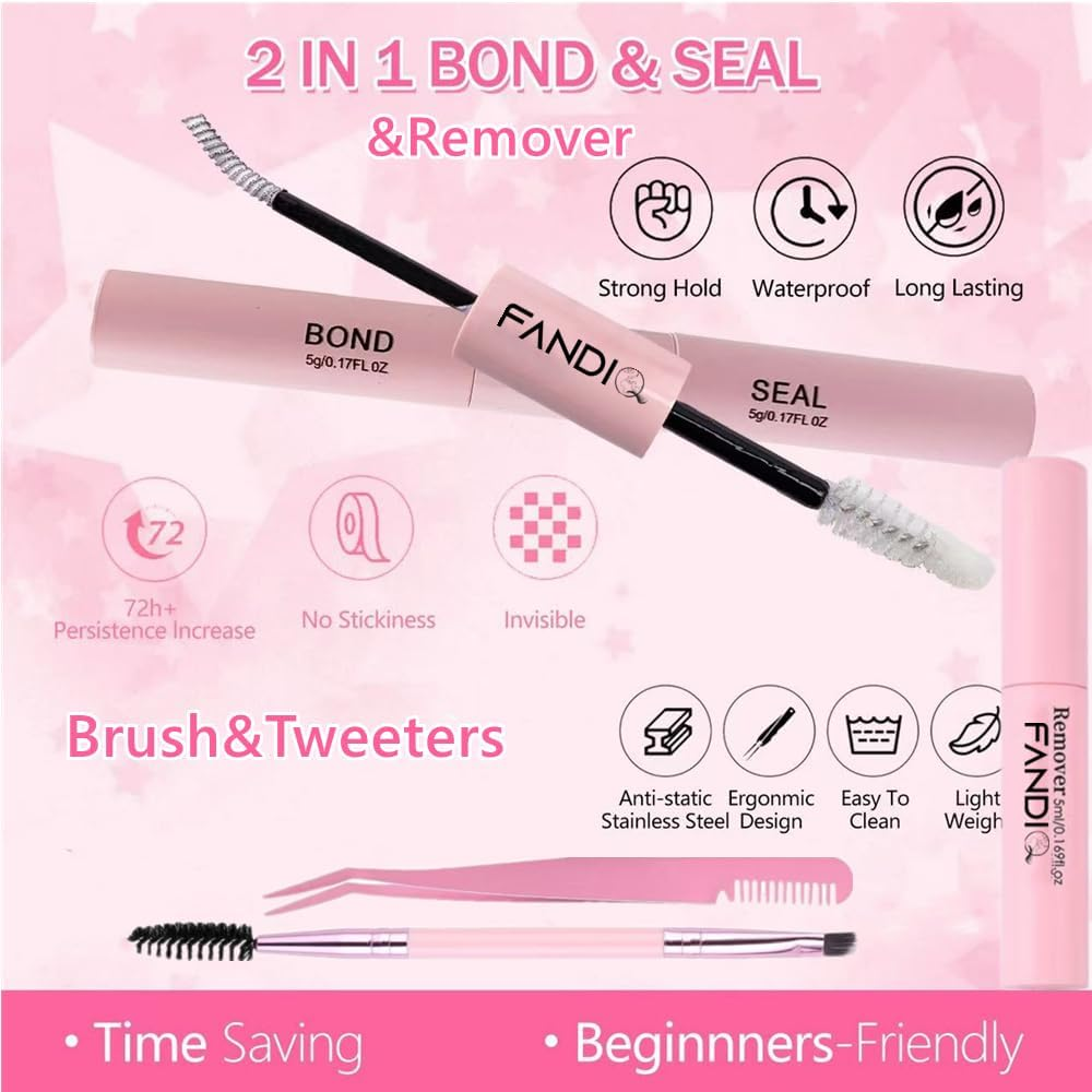 FANDIQ Individual Eyelashes Wispy Lash Clusters Kit 570 Pcs Eyelash Extension Kit D Curl Cluster Lashes 8-16MM DIY Eyelash Extension Kit with Lash Bond and Remover Tweezers Double-Ended Brush(A01 KIT) image number 5