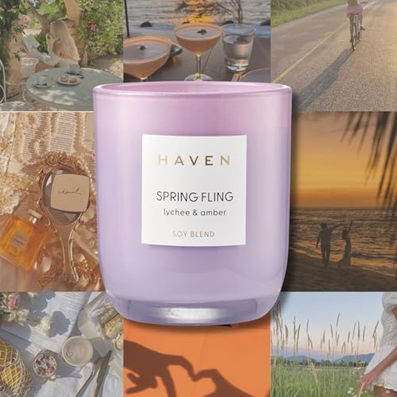 Haven Lychee & Amber Scented Soy Blend Candle - Natural, Non-Toxic, Long-Lasting Burn in Purple Glass Jar for Home Decor & Aromatherapy