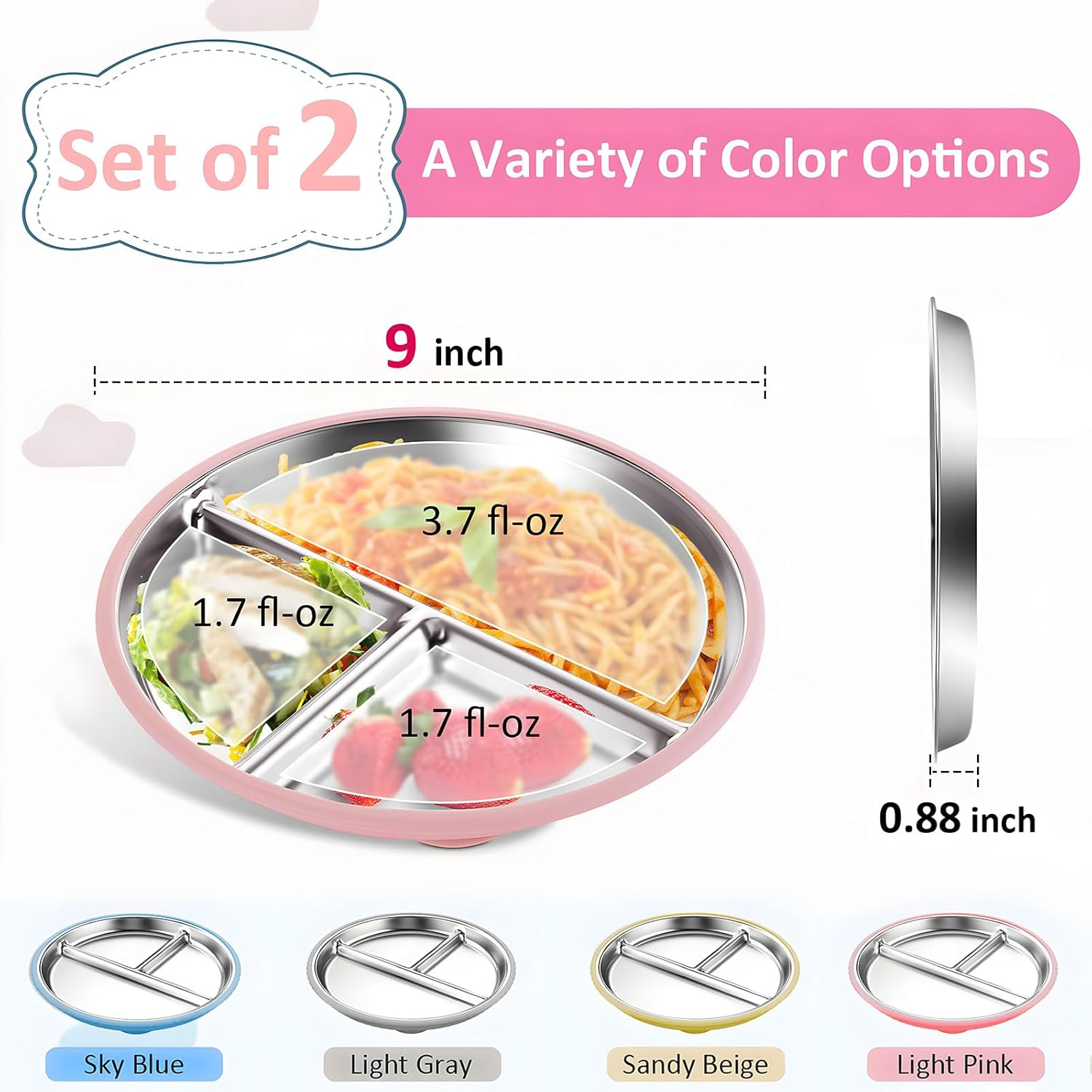 Stainless Steel Toddler Plates 2 Pack, 9" Divided Baby Plates with Suction & Removable Non-Slip Silicone Sleeves, BPA Free, Unbreakable, Dishwasher Safe, Non-Toxic Kids Dinnerware (Pink & Beige) image number 2