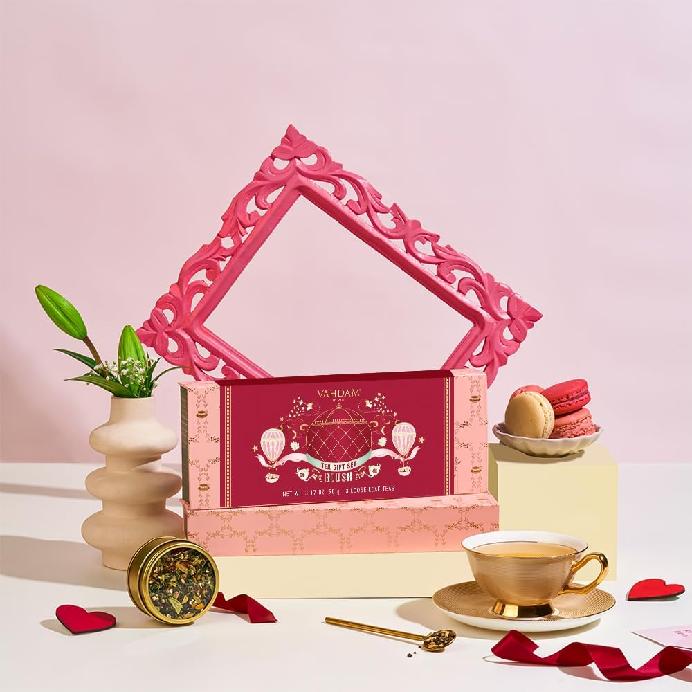 VAHDAM, BLUSH - Assorted Valentines Day Tea Gifts for Women (3 Premium Teas) Tin Caddy Box | Loose Leaf | Gluten Free, Non GMO | Valentines Day Gifts for Women image number 4