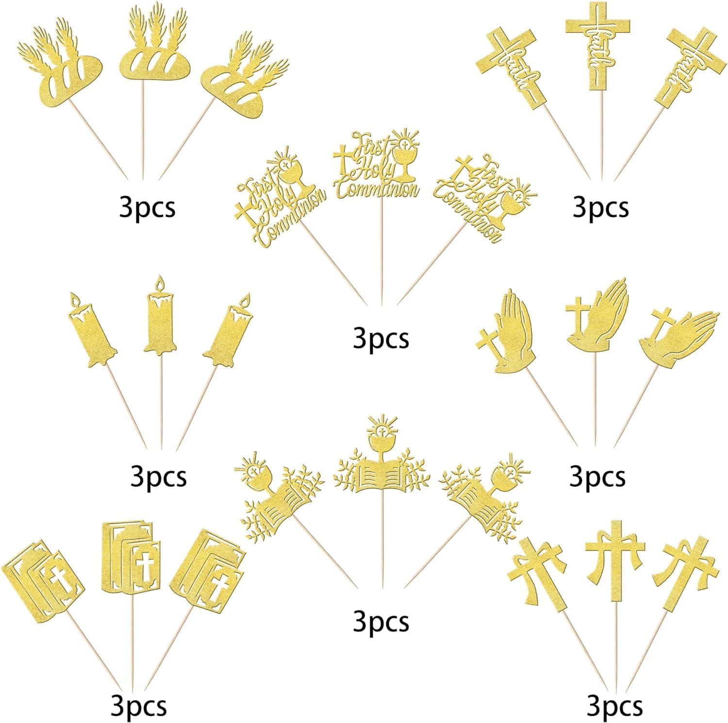 24 Pack First Holy Communion Cupcake Toppers Glitter Cross Bible Cupcake Picks Angel God Bless Cake Decorations for First Communion Baptism Religion Theme Birthday Party Supplies (Gold) image number 6