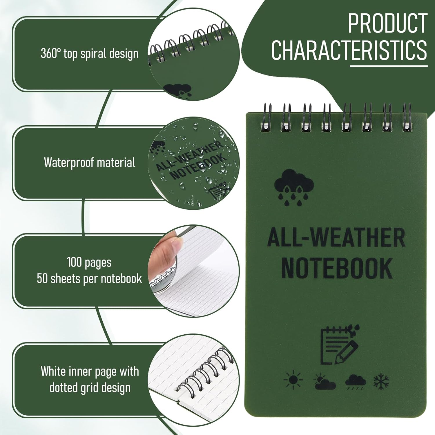 Aurafly 4 Packs 200 Sheets Waterproof Notebook, 3 X 5 Inches Pocket Notepads Portable Field Notes Reporters Notebook A7 Mini Spiral Notebooks for Outdoor Home Office School (Green) image number 2