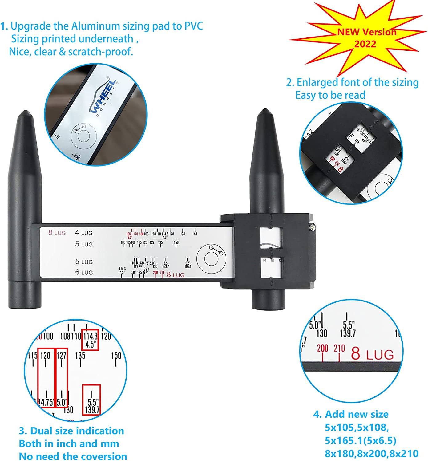 WHEEL CONNECT PCD Gauge，Wheel/Rim Bolt Pattern Measuring Tool, PCD Ruler, Sliding Caliper for 4 5 6 8 Holes image number 6