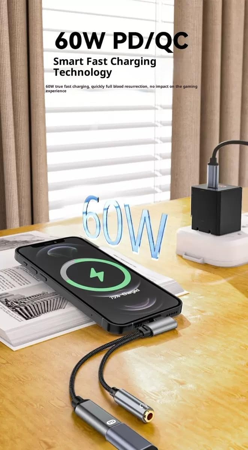 JIARUIJIANKJ USB C Headphone Jack Adapter and Charger for Iphone 17 16 USB C to 3.5Mm Audio Adapter 2In1 Type C to Aux Headphone Jack Dongle Cable Cord with PD 60W Fast Charging,Galaxy S25/S24/S23 image number 2