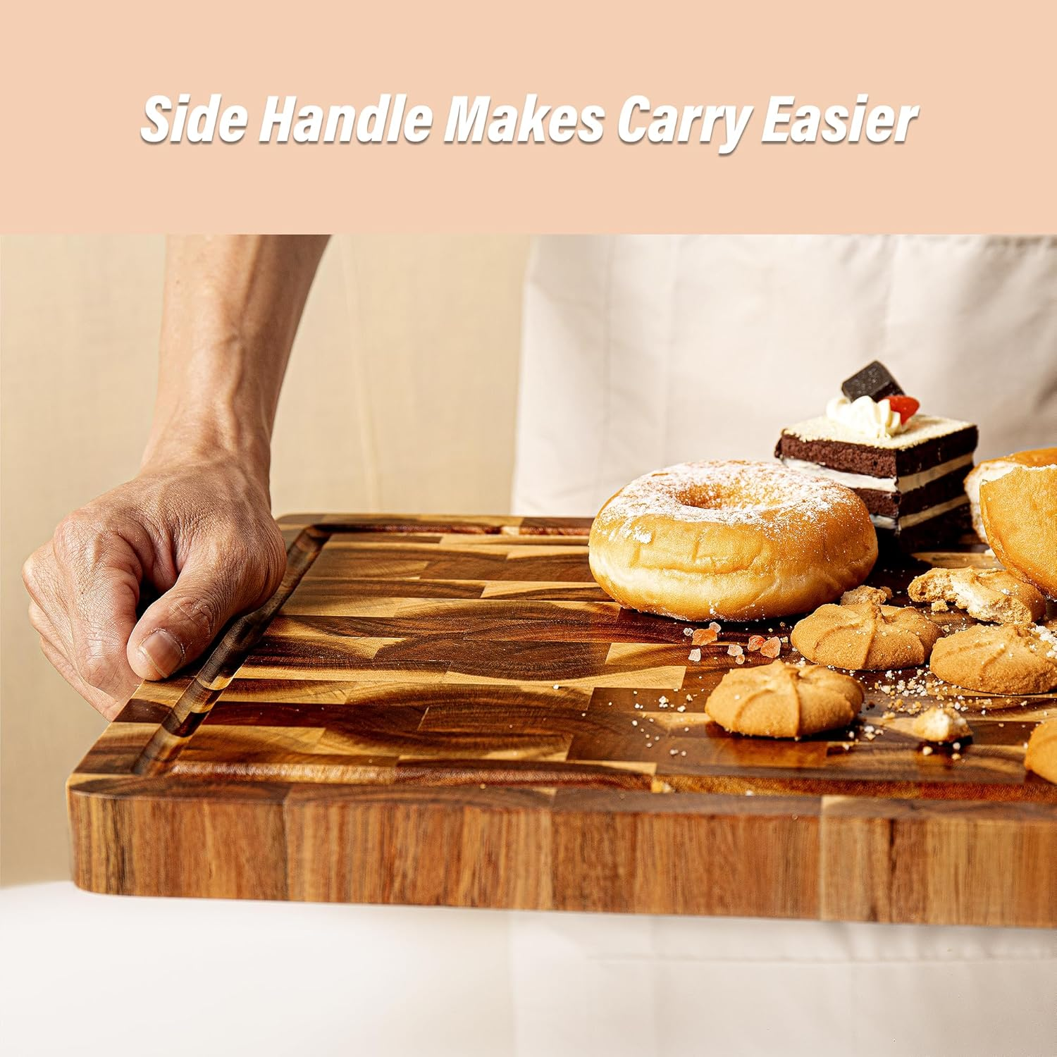 TJ POP End Grain Acacia Wood Chopping Board for Kitchen, Reversible Wooden Cutting Board with Built-In Handles, Thick Butcher Block with Juice Groove, Charcuterie Board for Cheese, Bread, 38*28*3 CM - Octagonal Checkerboard image number 5