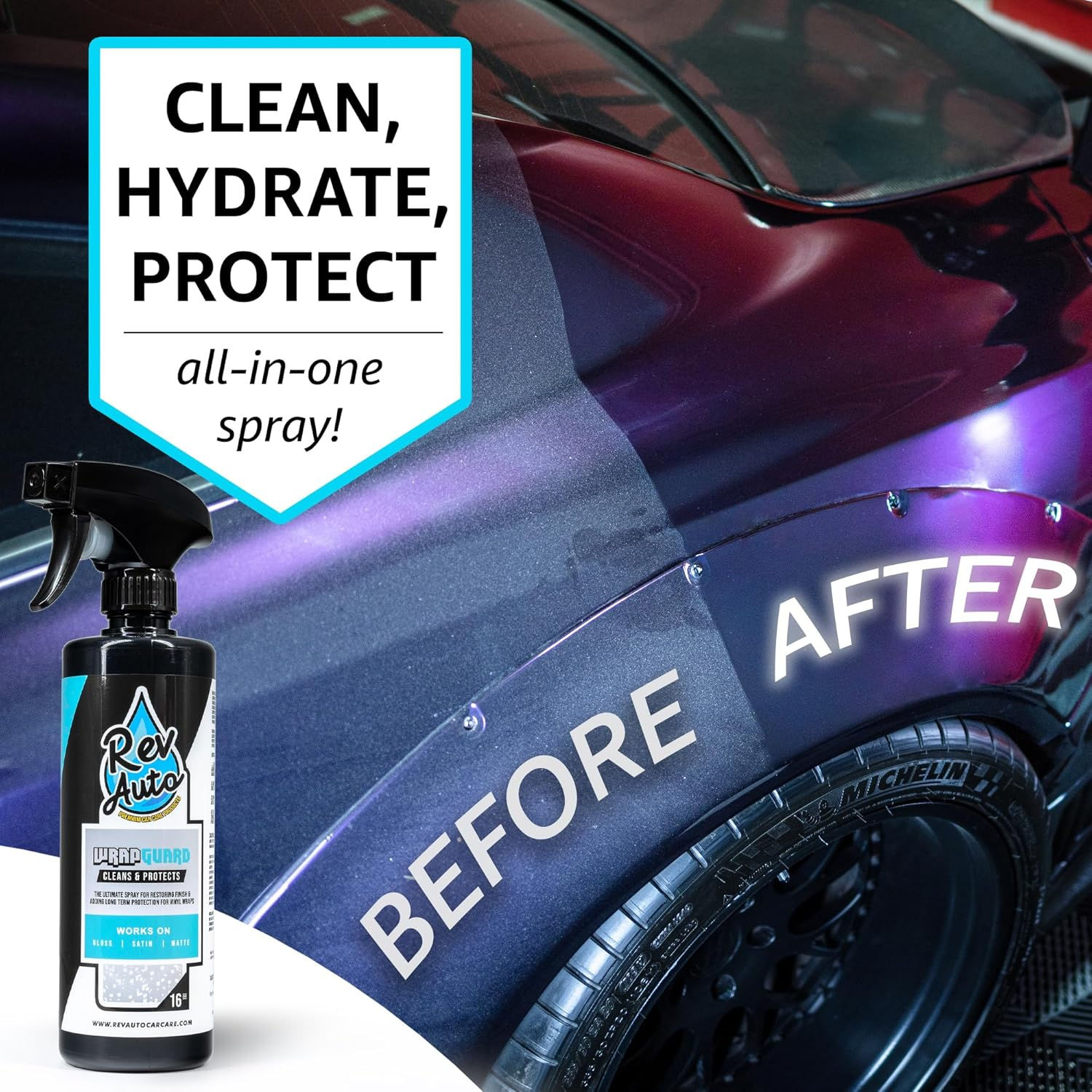Rev Auto Vinyl Wrap Cleaner Kit &ndash; 3-Item Set Includes Wrap Detailer, Shampoo & Light Stain Remover | Made for Gloss, Satin, Matte, Chrome & More