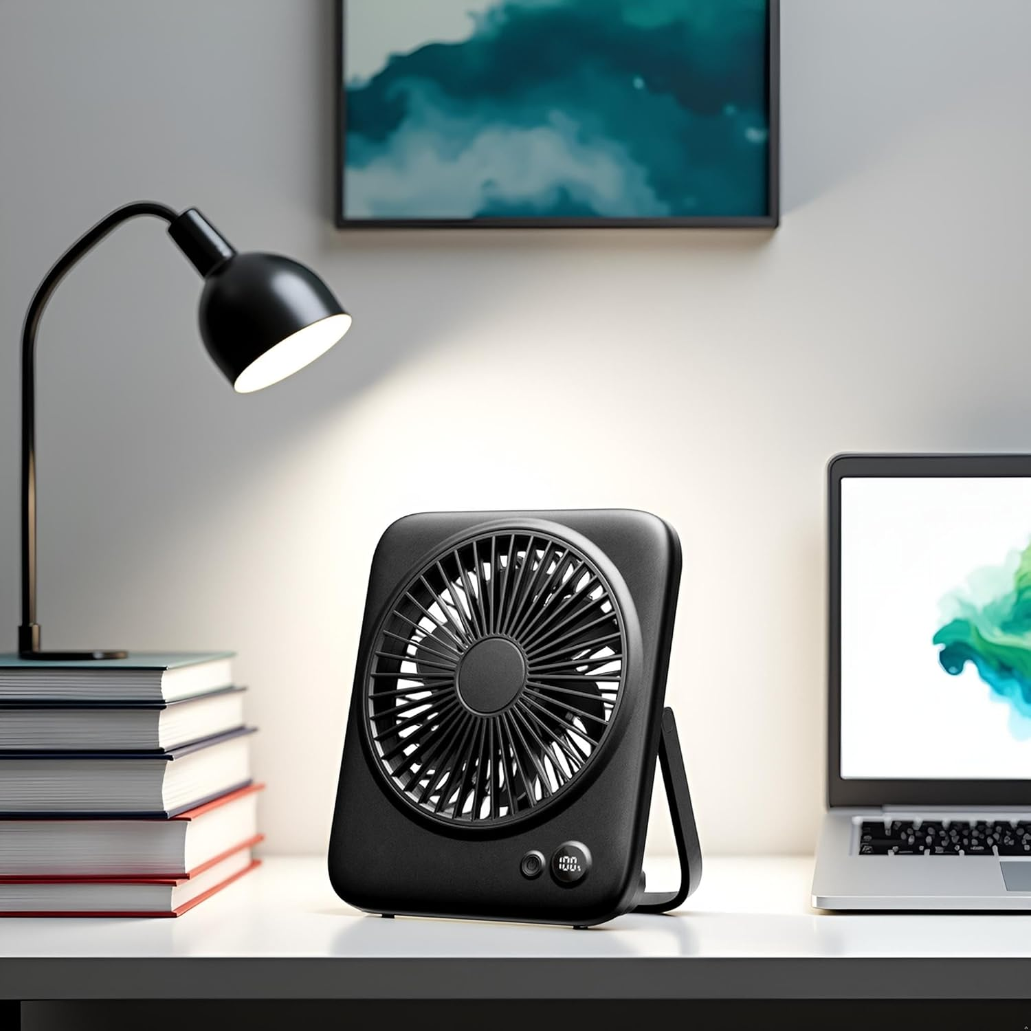 Portable Desk Fan with Digital Display - Quiet Desktop Fan 4-Speed Adjustable Airflow, 4000Mah Rechargeable USB Fans, Type-C Charging Port, Ideal for Home, Office, Travel and RV, Black image number 2