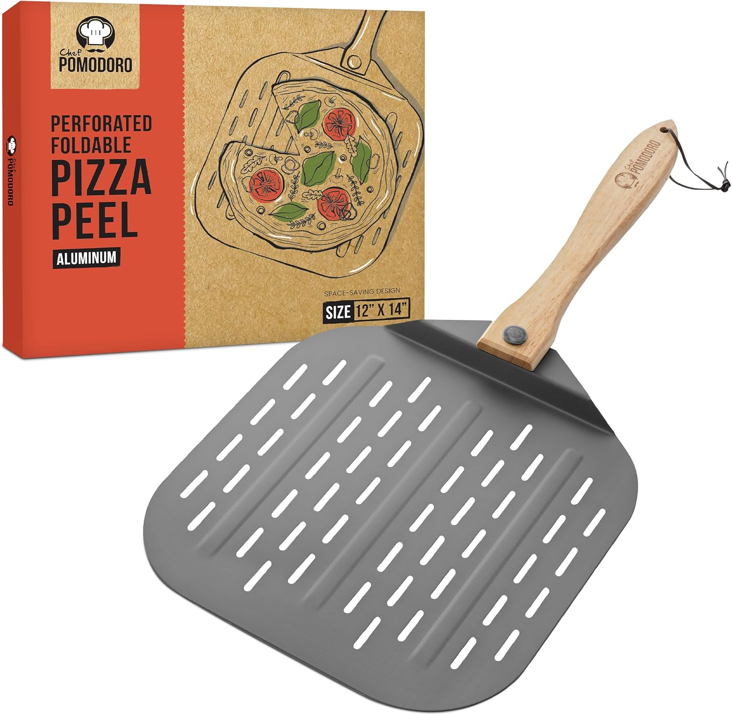Chef Pomodoro Perforated Aluminum Metal Pizza Peel with Foldable Wood Handle for Easy Storage, Pizza Spatula, Premium Pizza Paddle with Holes for Baking Homemade Pizza and Artisan Breads (12 X 14)