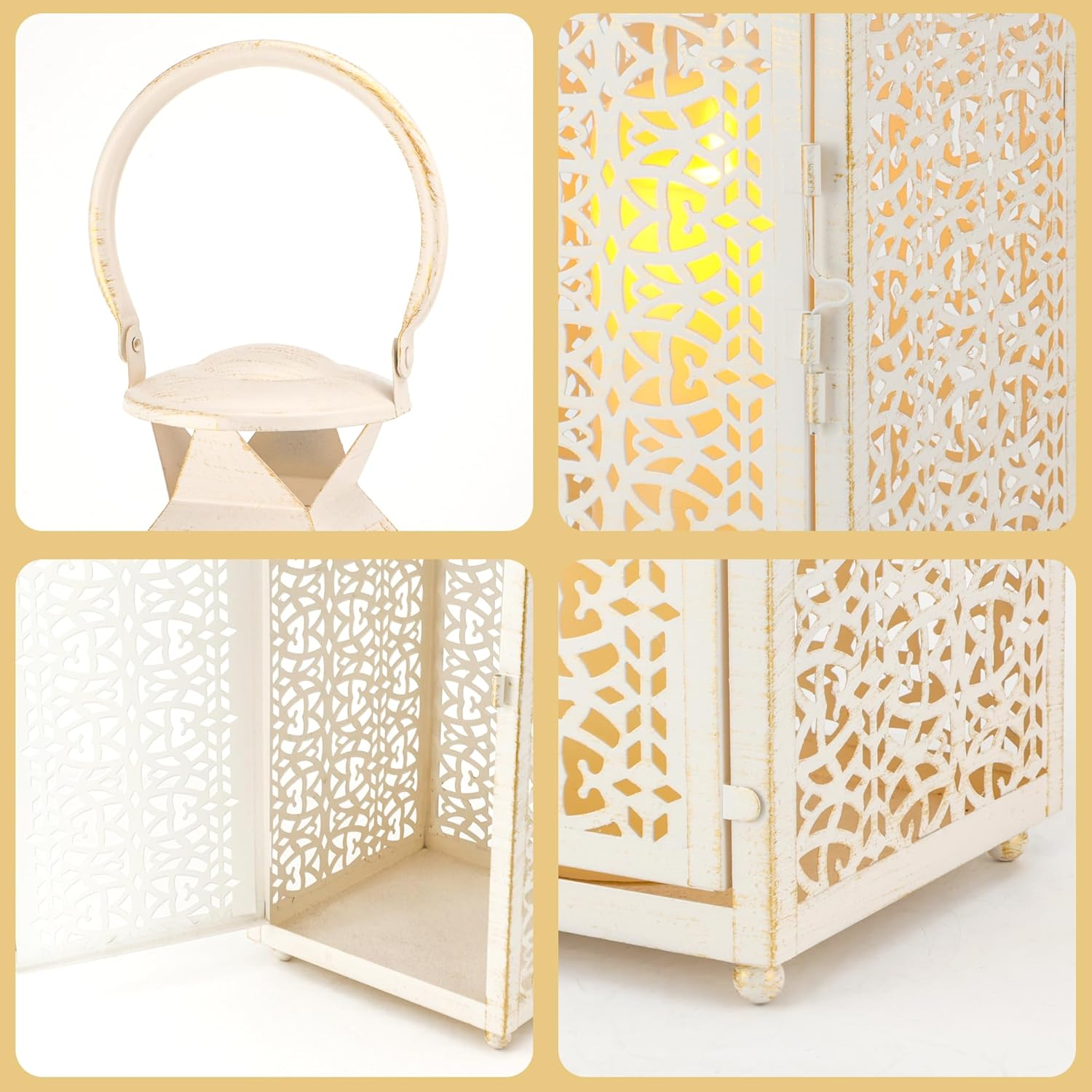 JHY DESIGN Set of 2 Vintage Candle Lanterns 19"&14''H Moroccan Decorative Metal Candle Holders with Hollow Pattern for Garden Porch Shelf Indoor Outdoor Parties Weddings Patio(White Brushed Gold) image number 6