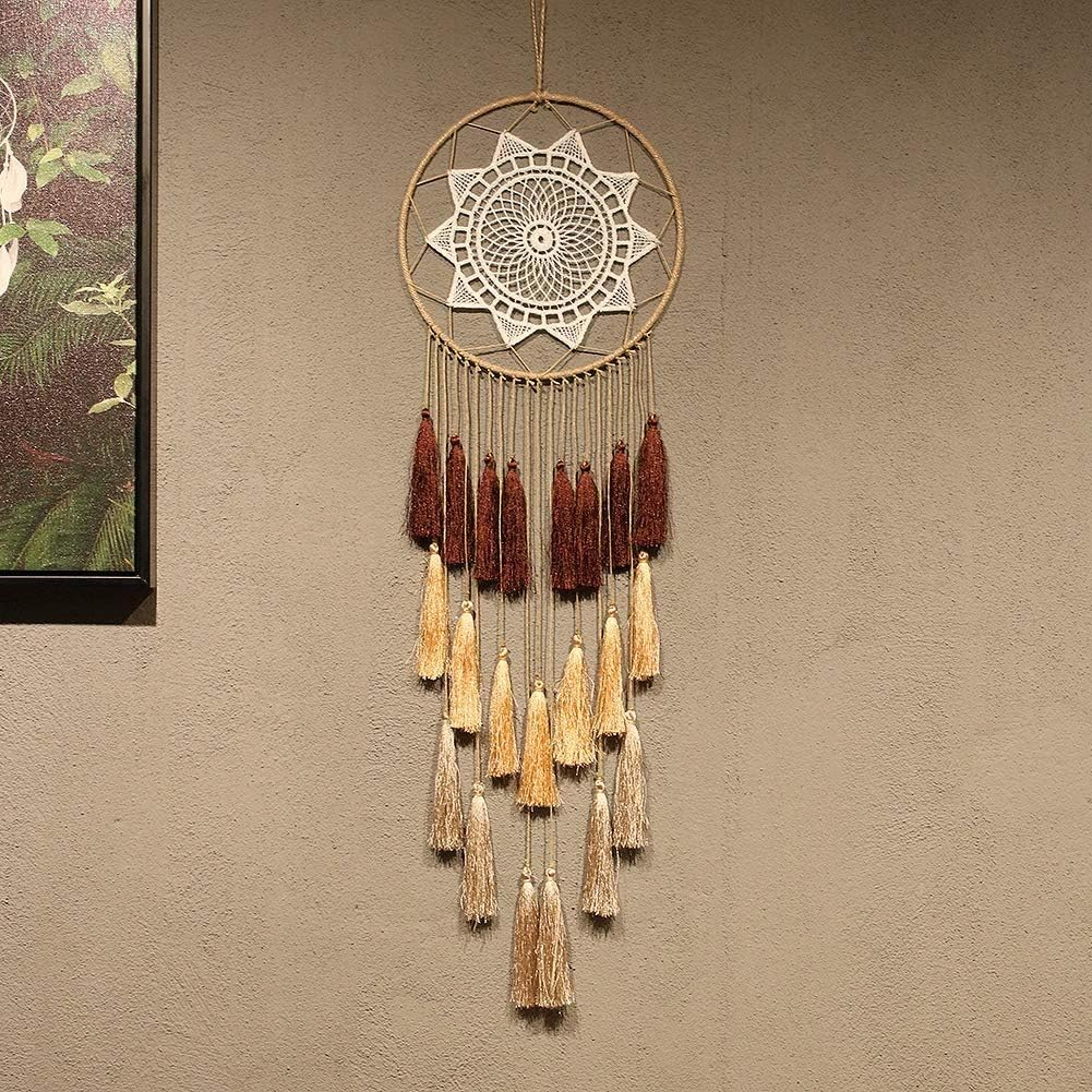 Macrame Dream Catchers for Bedroom Tassel Wall Hanging Handmade Dreamcatchers Home Decor with Ornament Craft Blessing Gift(Brown and Yellow) image number 6