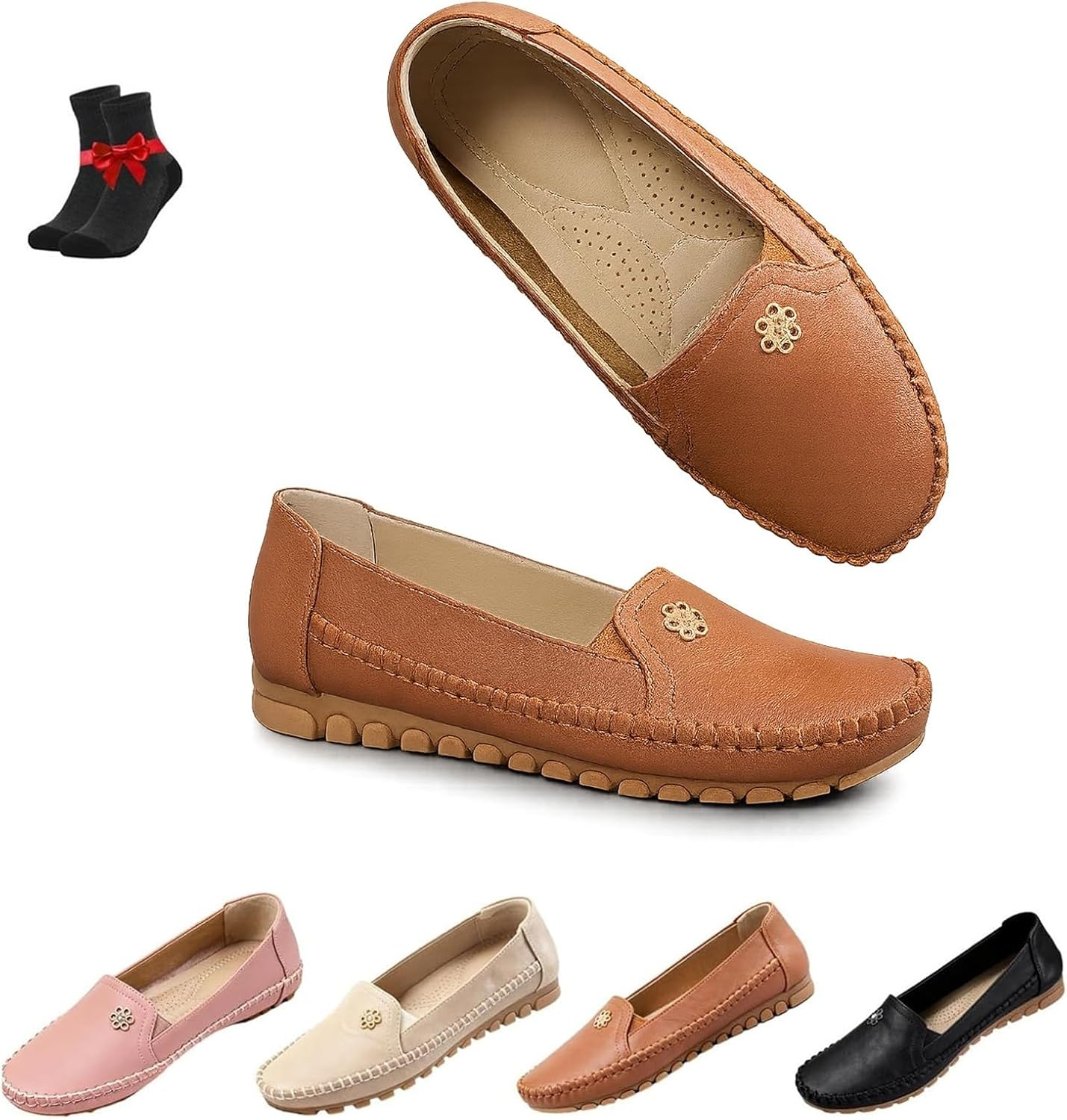 Orthopedic Leather Shoes，Womens Slip-On Walking Flats Loafers Business Casual Shoes for Work Driving
